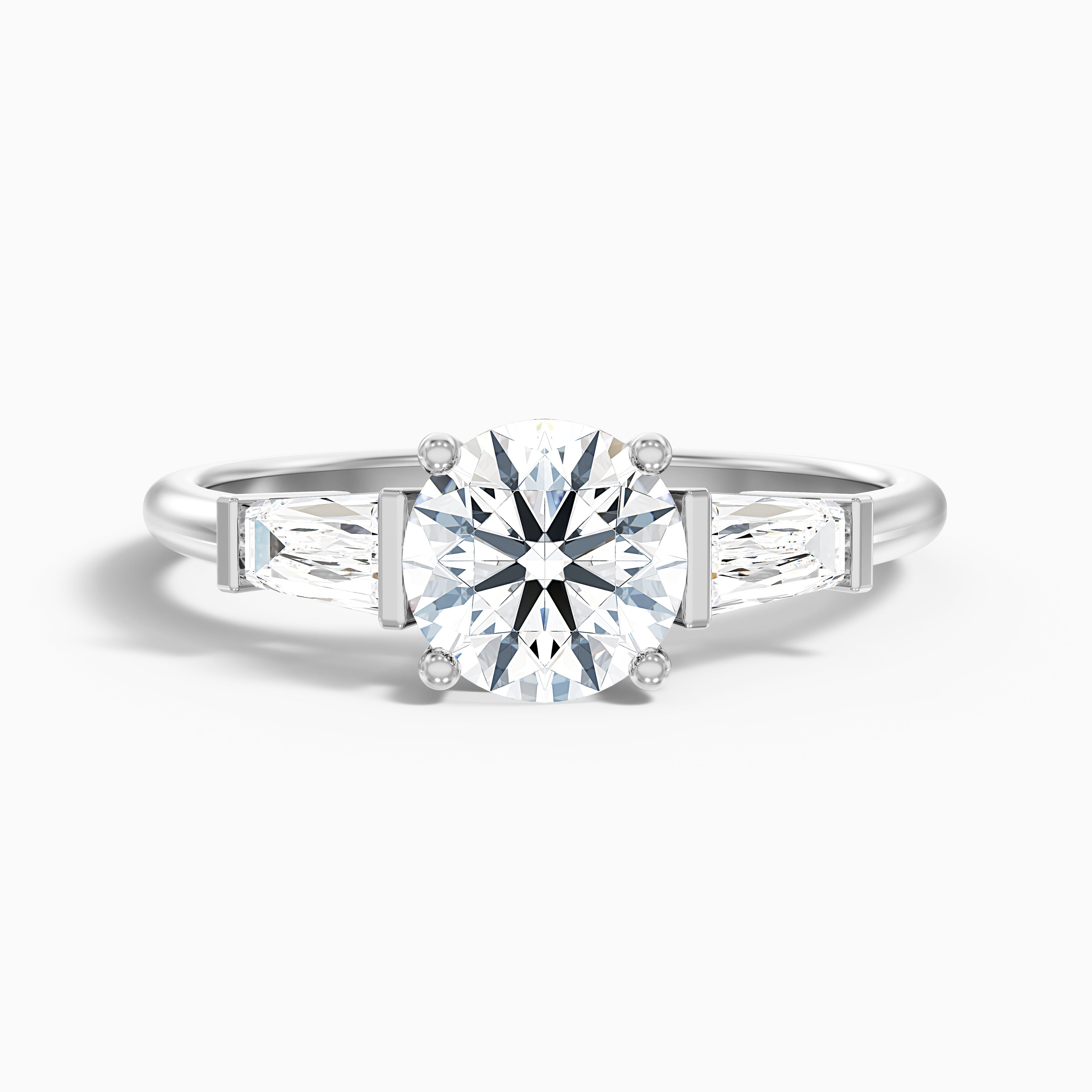 Hope 3 Carat Round 3 Stone Moissanite Diamond Ring With Side Baguette Diamonds in 14k White Gold