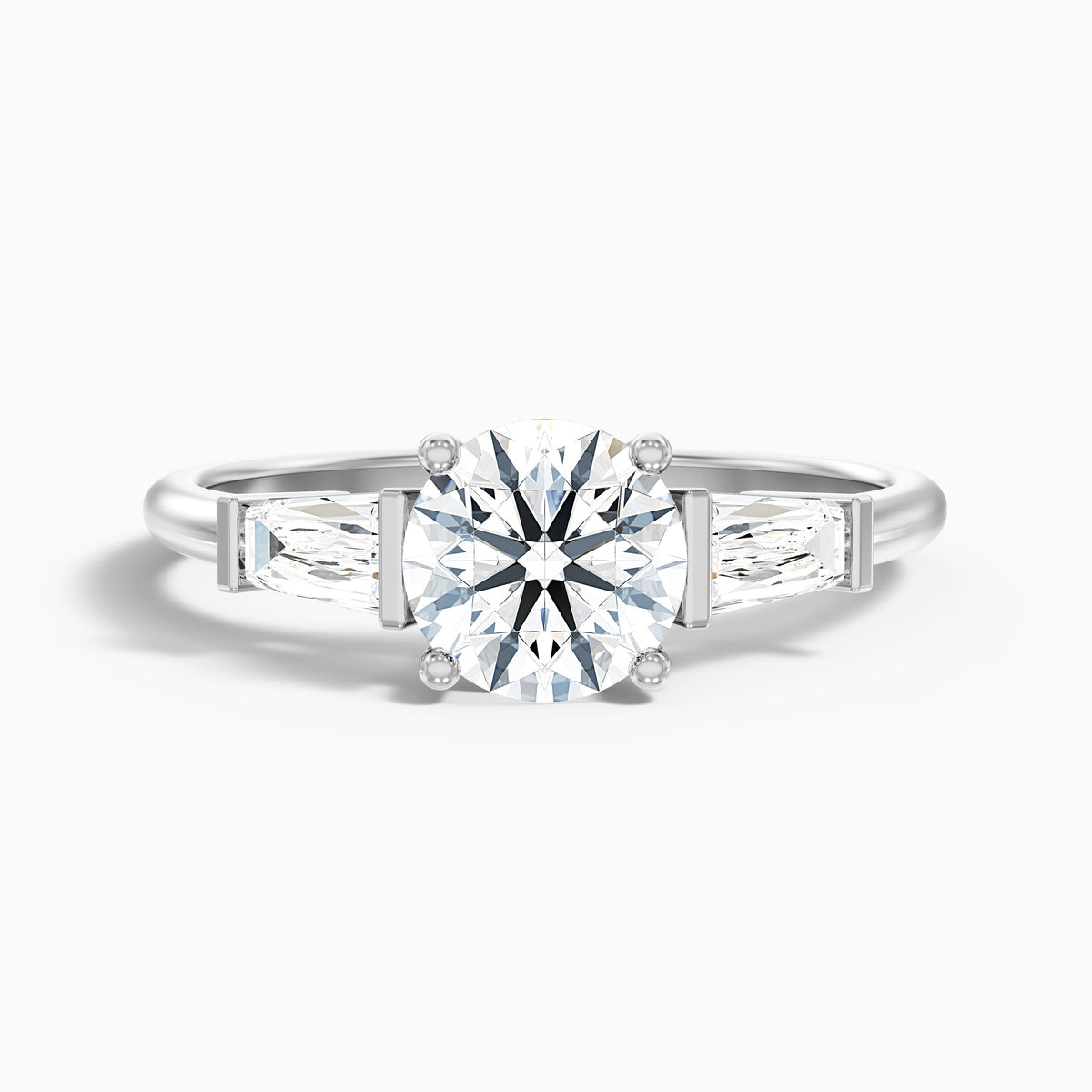 Hope 4 Carat Round 3 Stone Moissanite Diamond Ring With Side Baguette Diamonds in 10k Yellow Gold