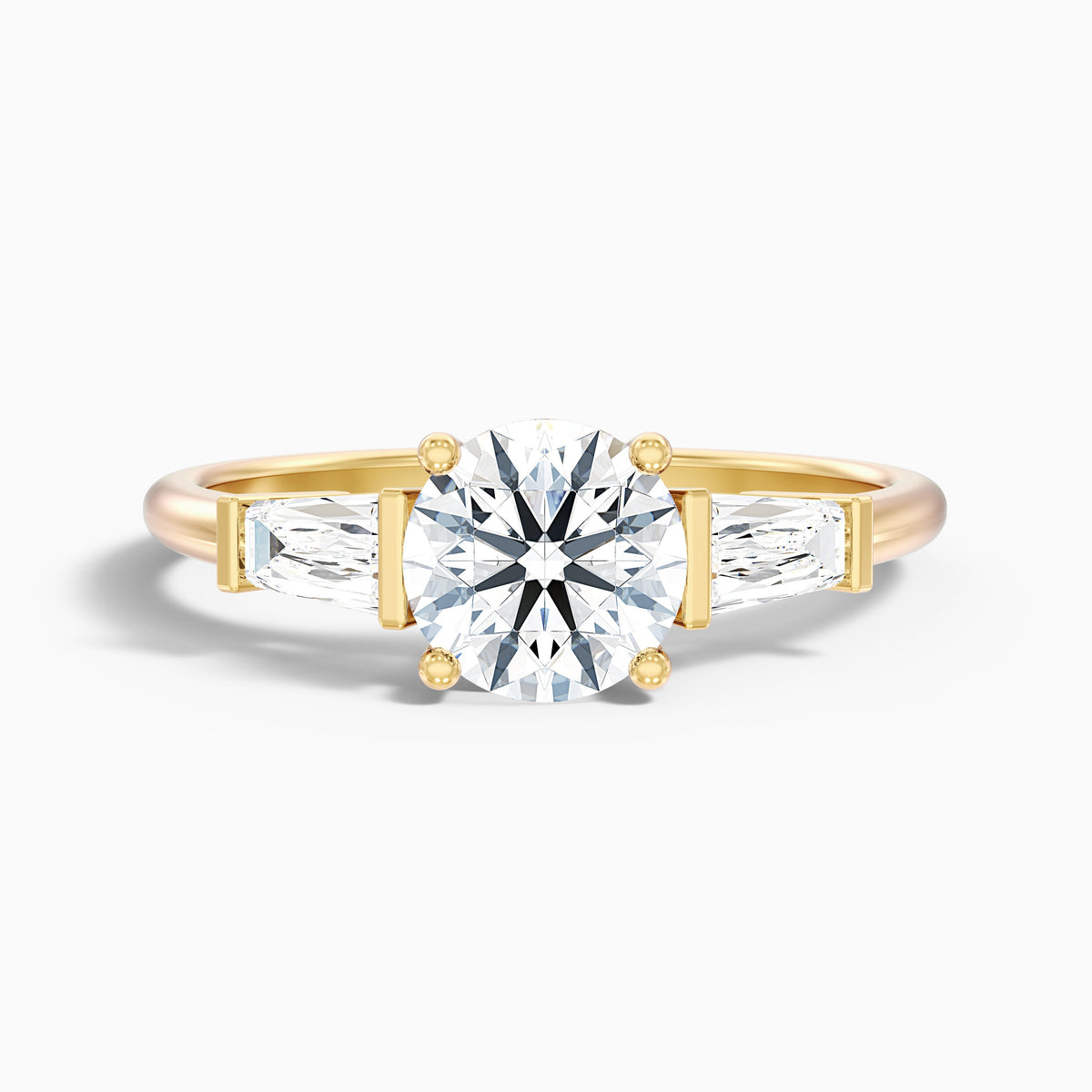 Hope 1 Carat Round 3 Stone Moissanite Diamond Ring With Side Baguette Diamonds in 14k Rose Gold