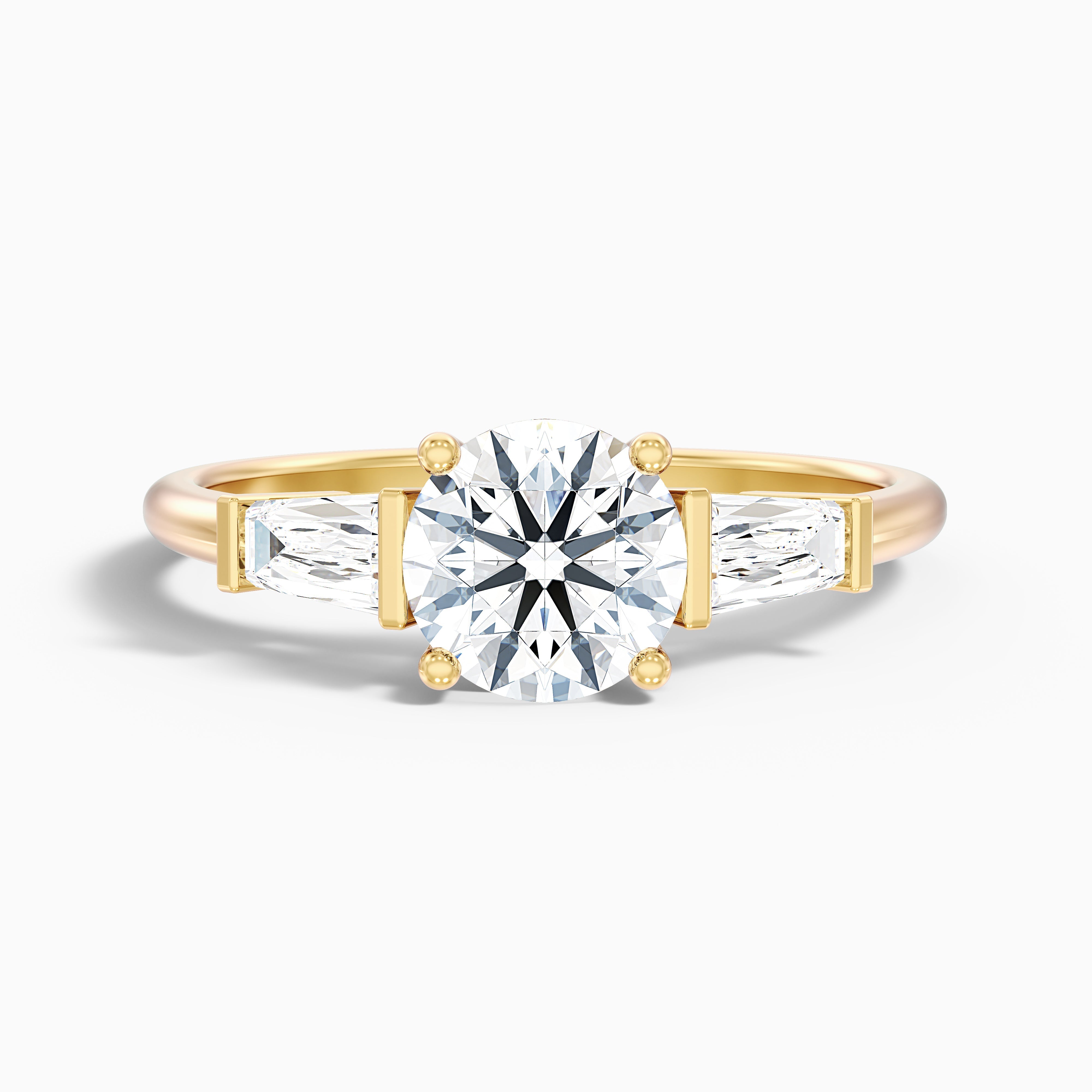 Hope 5 Carat Round 3 Stone Moissanite Diamond Ring With Side Baguette Diamonds in 14k Yellow Gold