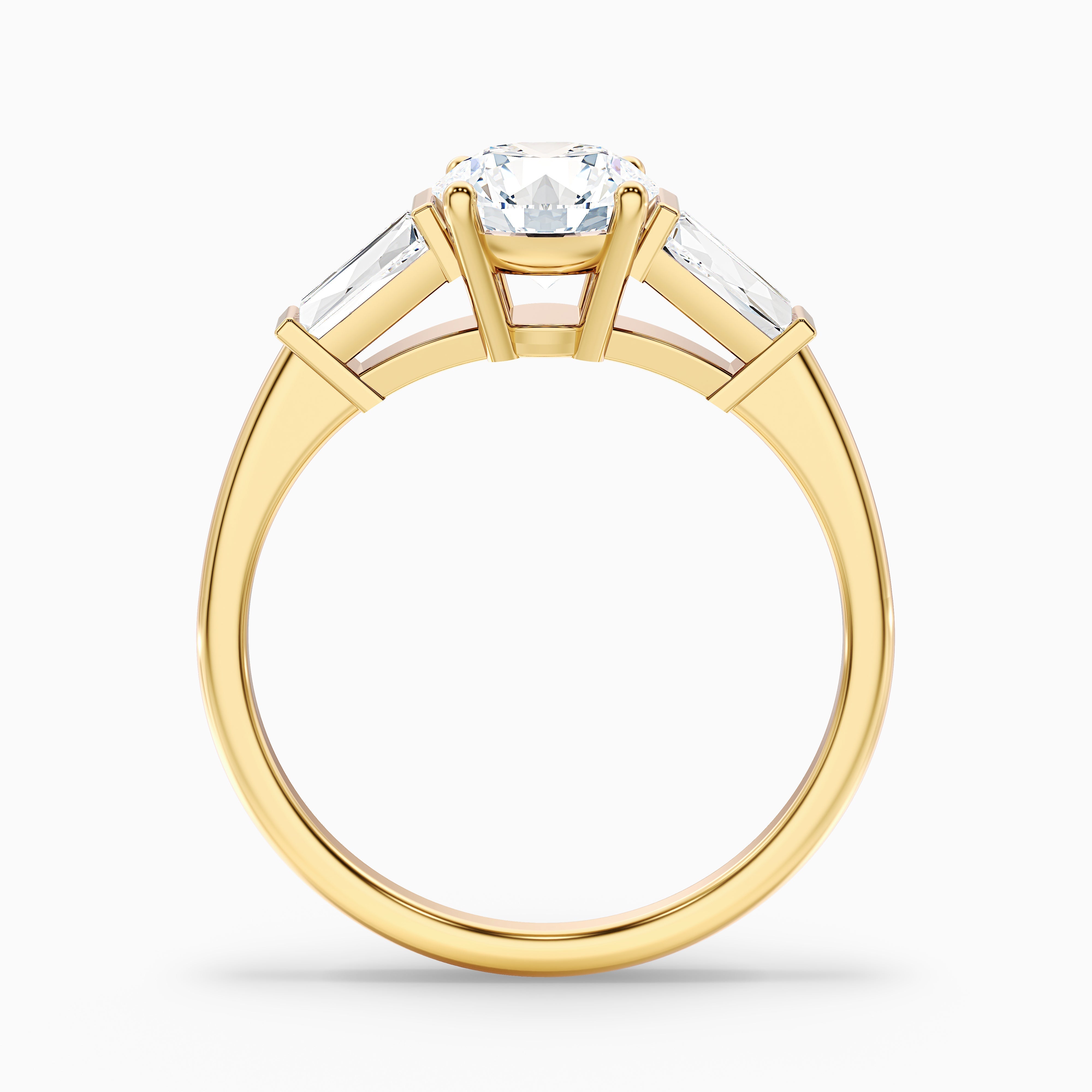 Hope 5 Carat Round 3 Stone Moissanite Diamond Ring With Side Baguette Diamonds in 14k Yellow Gold