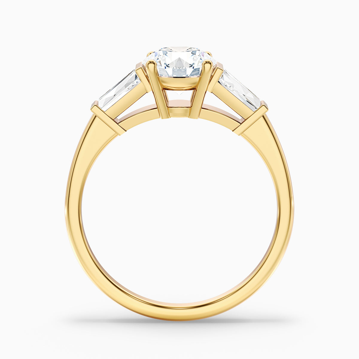 Hope 1 Carat Round 3 Stone Moissanite Diamond Ring With Side Baguette Diamonds in 14k Rose Gold