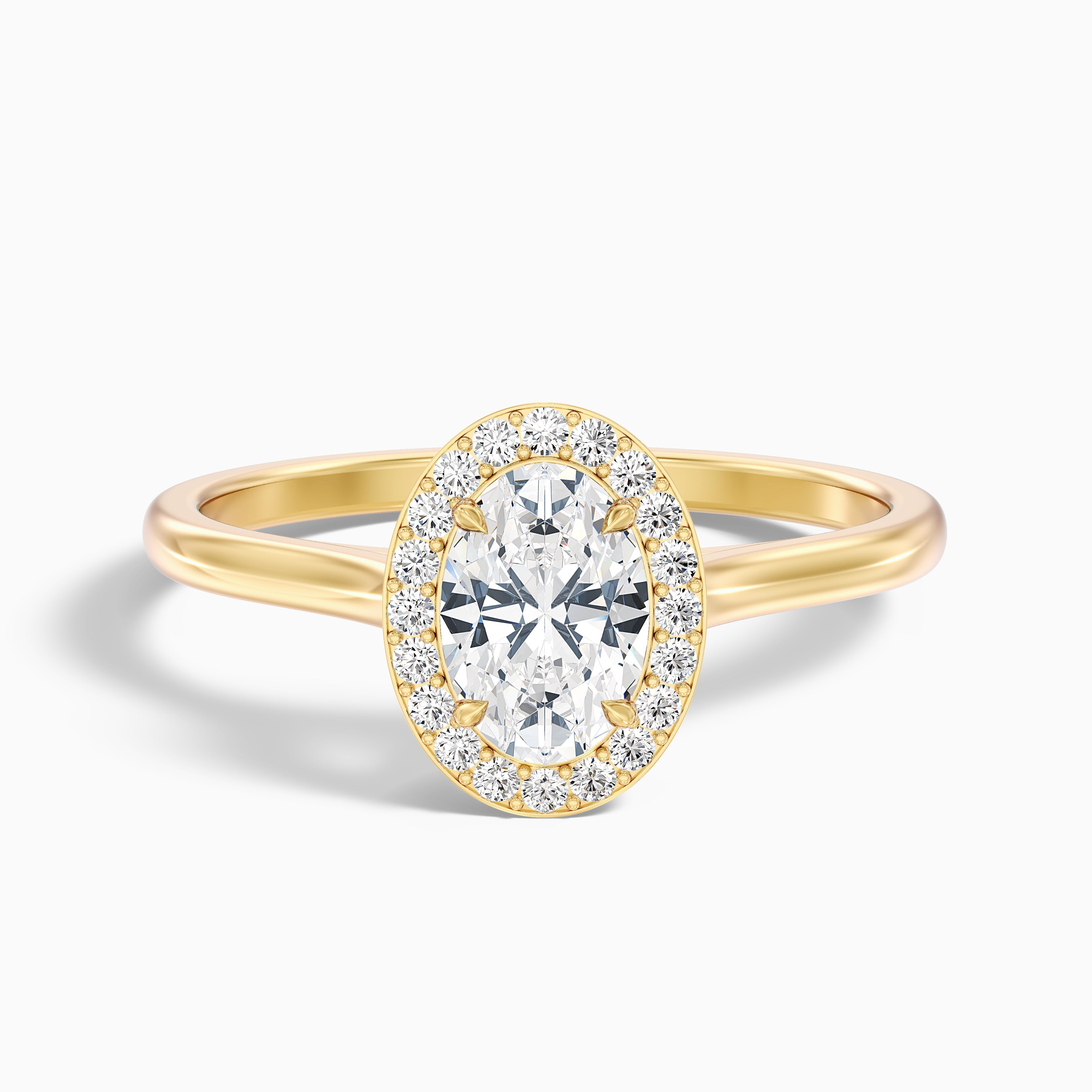 Kyra 5 Carat Oval Cut Halo Moissanite Diamond Ring in 14k Yellow Gold