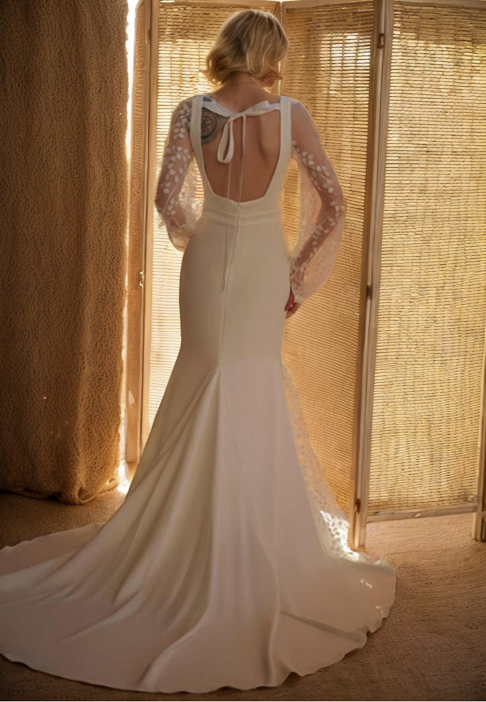 Minimalist Square Neck Wedding Dress with Sheer Embroidered Sleeves – Modern Bridal Elegance SelenaHuanStudio