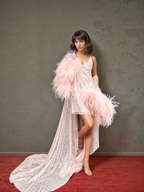 Ostrich Feather sequin mesh long robe dress with nightgown pink ivory-next day shipping SelenaHuanStudio