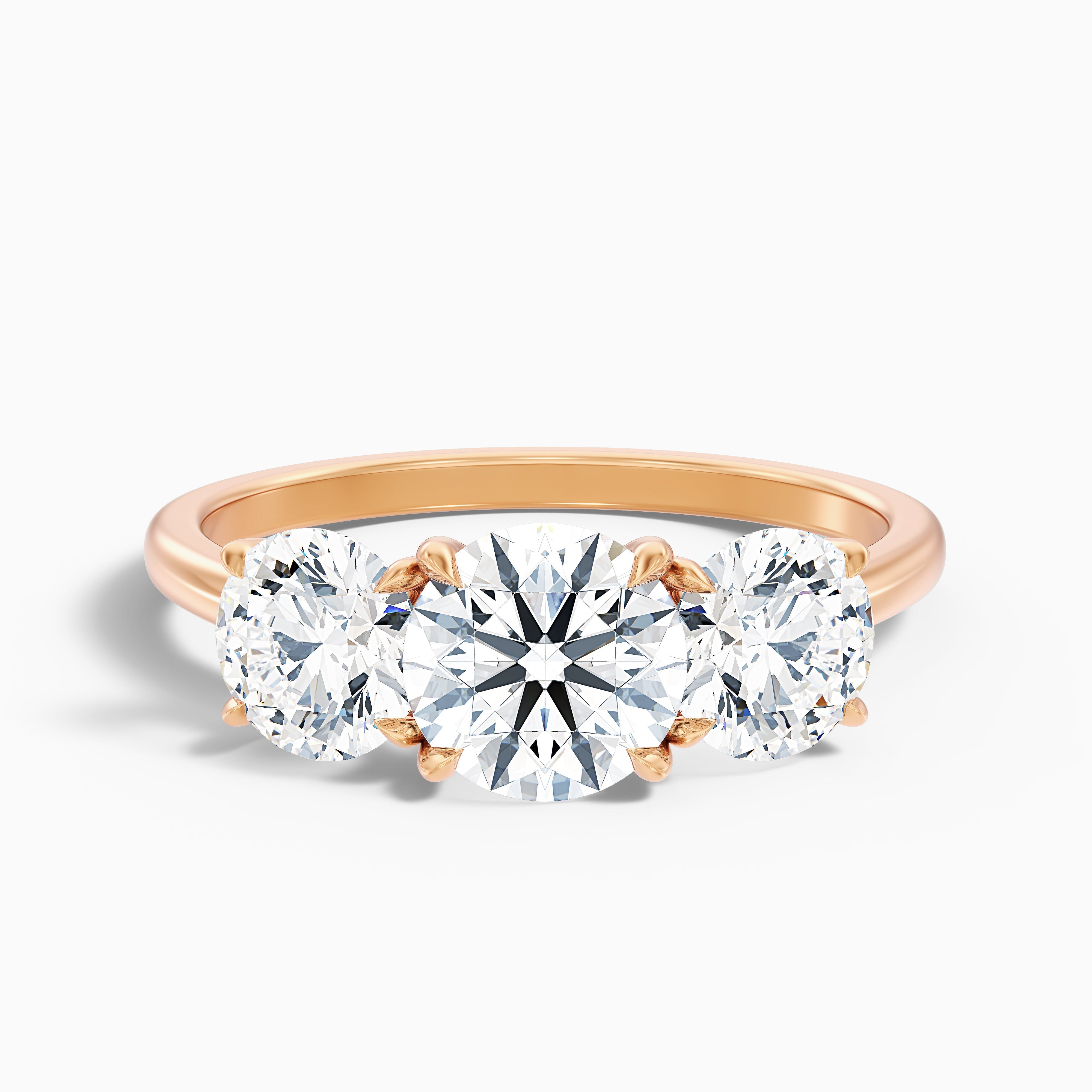 Iris 5 Carat Round Three Stone Moissanite Diamond Ring in 14k Rose Gold