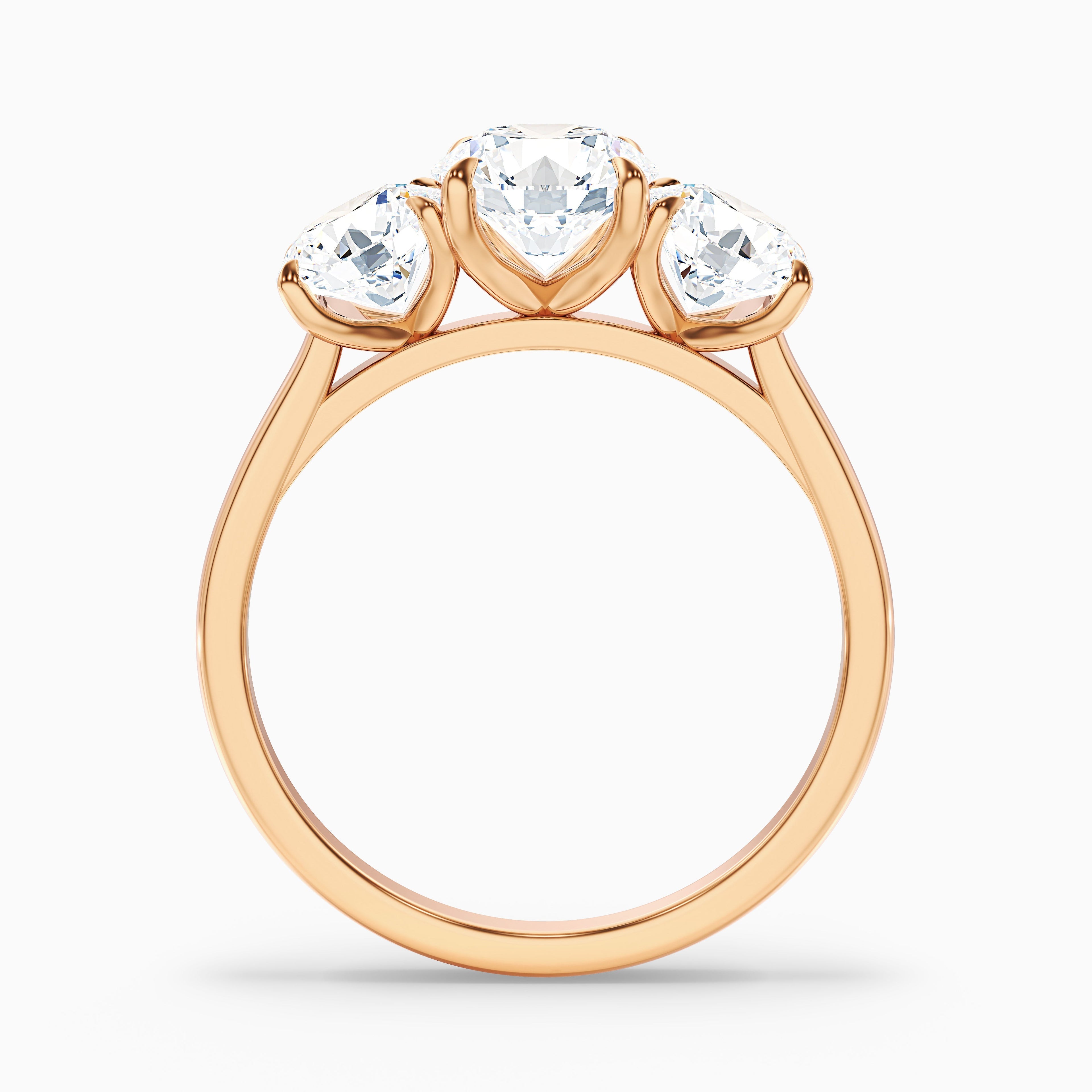 Iris 1.5 Carat Round Three Stone Moissanite Diamond Ring in 18k Rose Gold