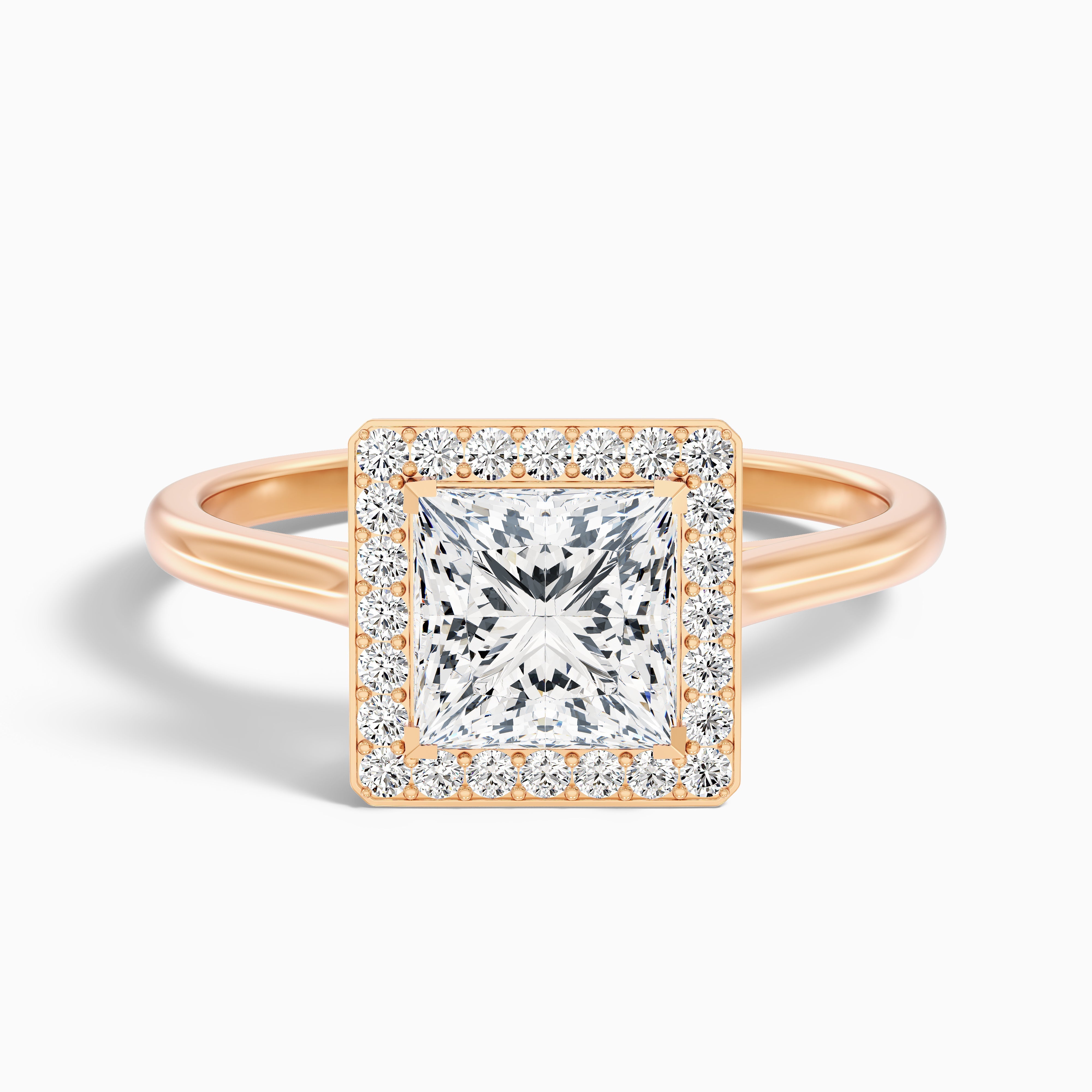 Fiona 5 Carat Princess Cut Halo Pave Moissanite Diamond Ring in 18k Rose Gold