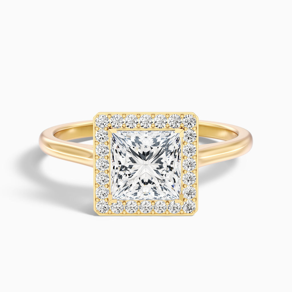 Fiona 1.5 Carat Princess Cut Halo Pave Moissanite Diamond Ring in 14k Yellow Gold