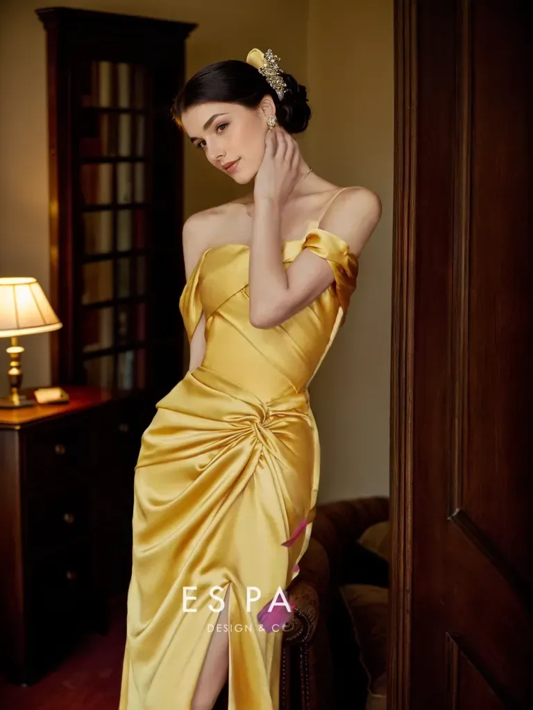 Golden Hour Off-the-Shoulder Satin Ball Gown Evening Dress