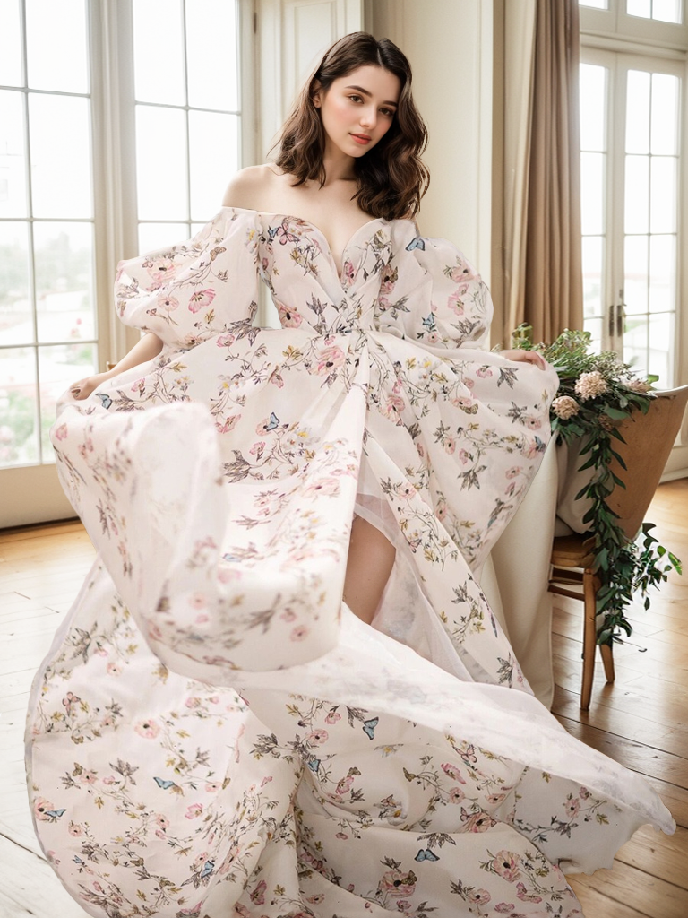 Avera - Sexy floral printed butterfly pattern front-slit bishop sleeves off-the-shoulder Satin Wedding Dress Gown SelenaHuanStudio