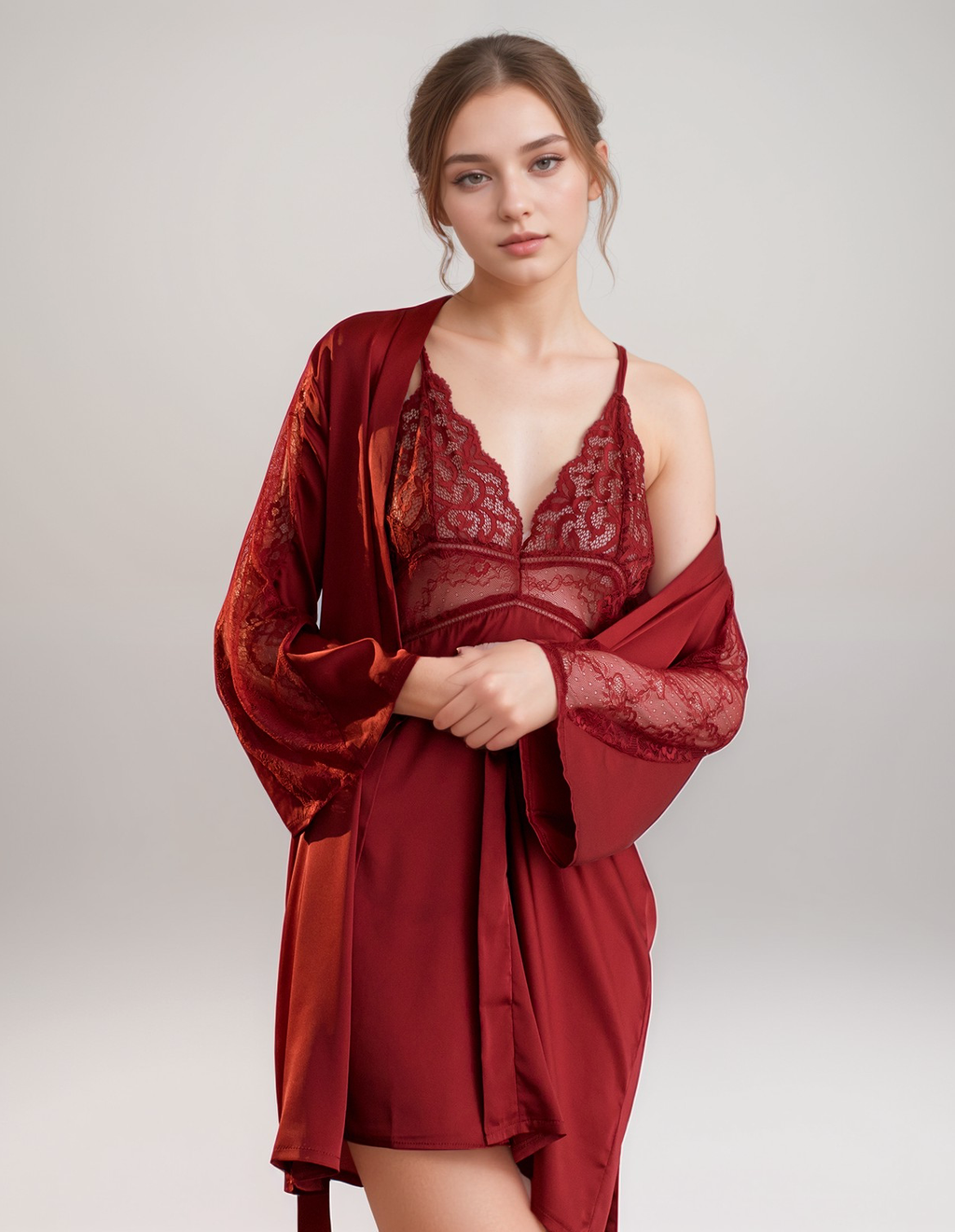 Luxurious Lace Satin Bridal Lingerie Set with Nightgown & Robe - 7 Colors Next Day Shipping SelenaHuanStudio