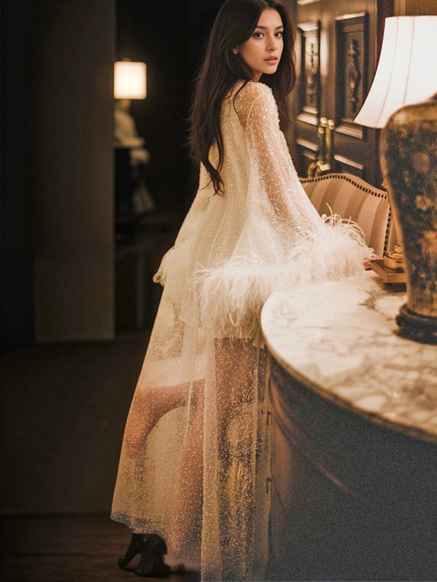 Ostrich Feather sequin mesh long robe dress with nightgown pink ivory-next day shipping SelenaHuanStudio