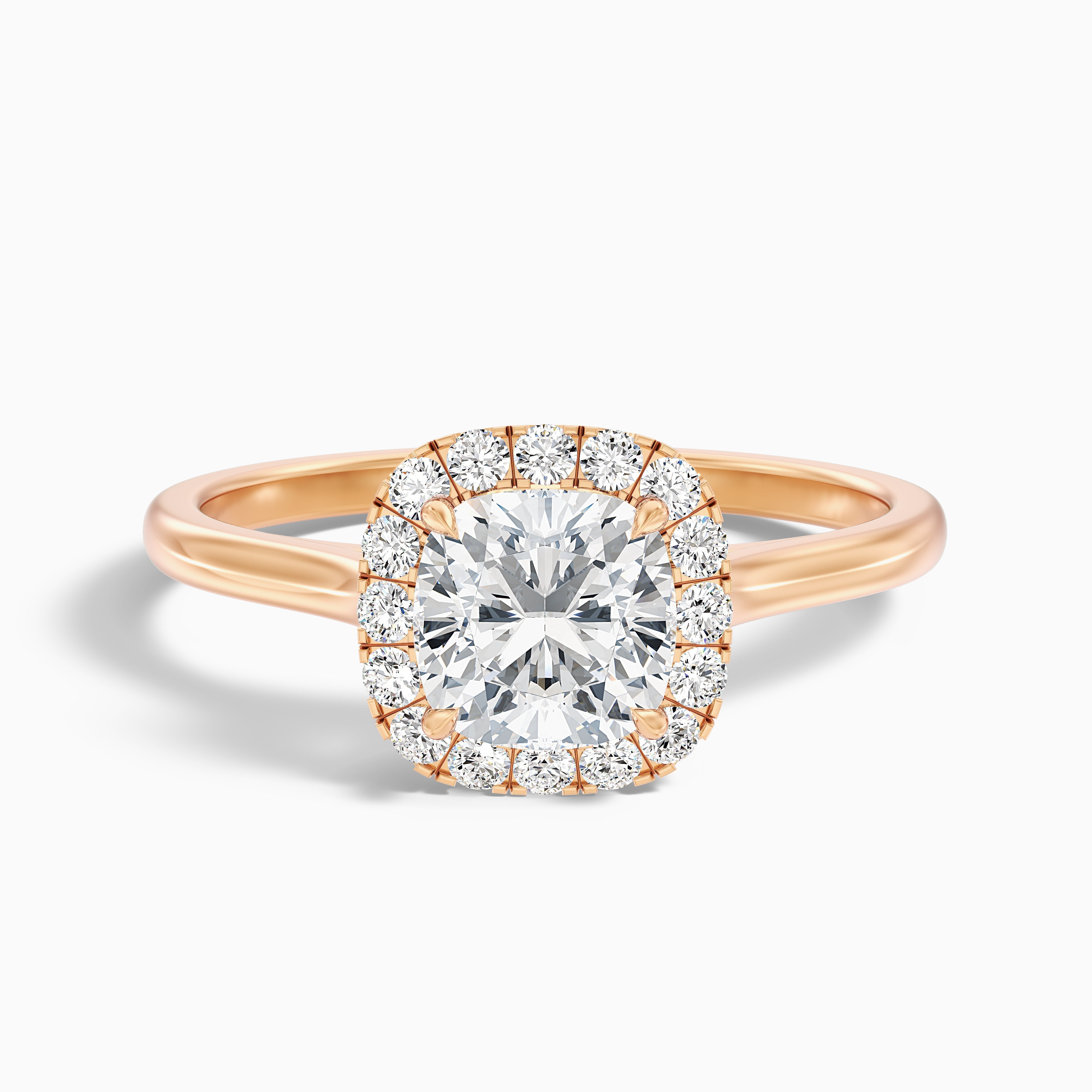 Dina 5 Carat Cushion Cut Halo Moissanite Diamond Ring in 14k Rose Gold