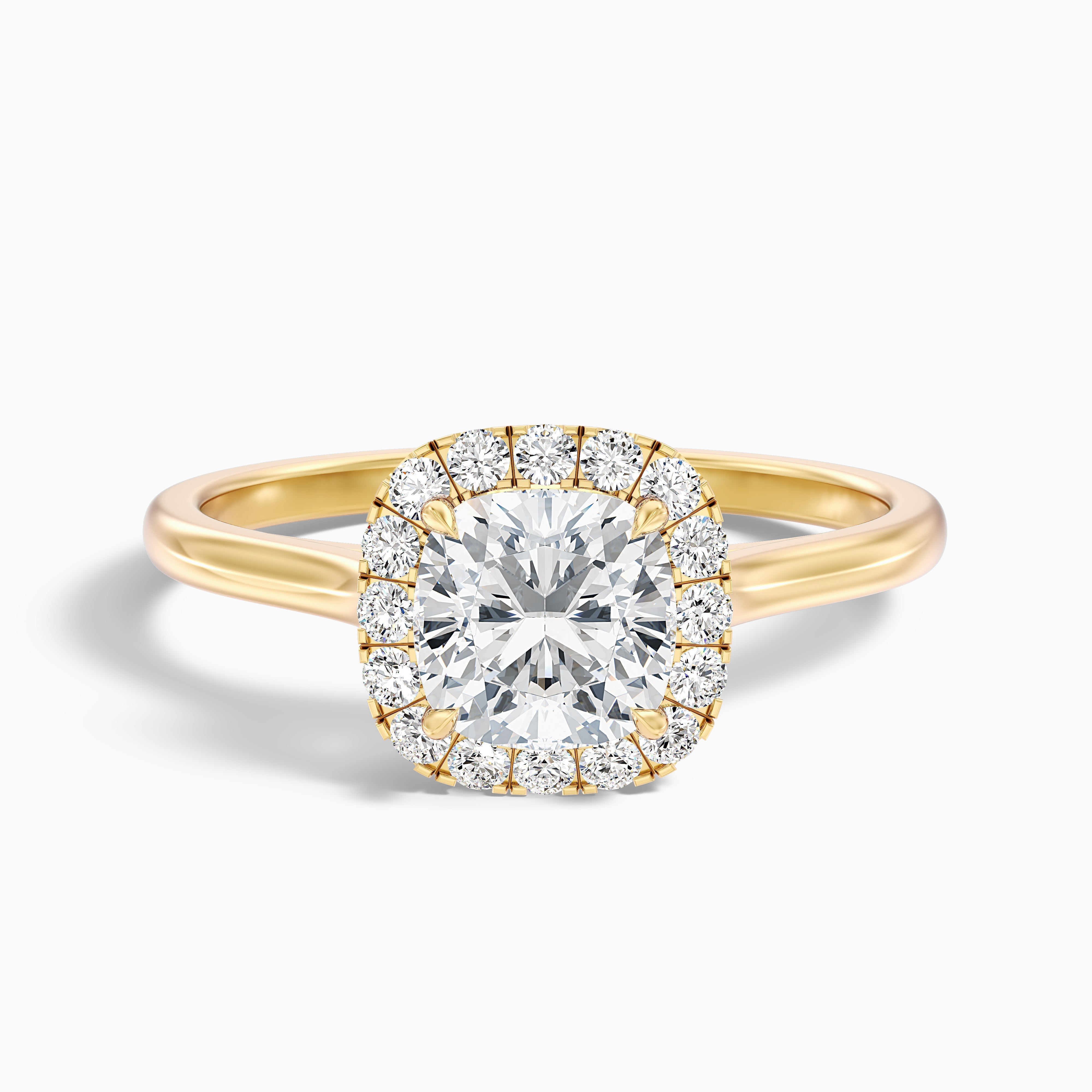 Dina 4.5 Carat Cushion Cut Halo Moissanite Diamond Ring in 18k Yellow Gold