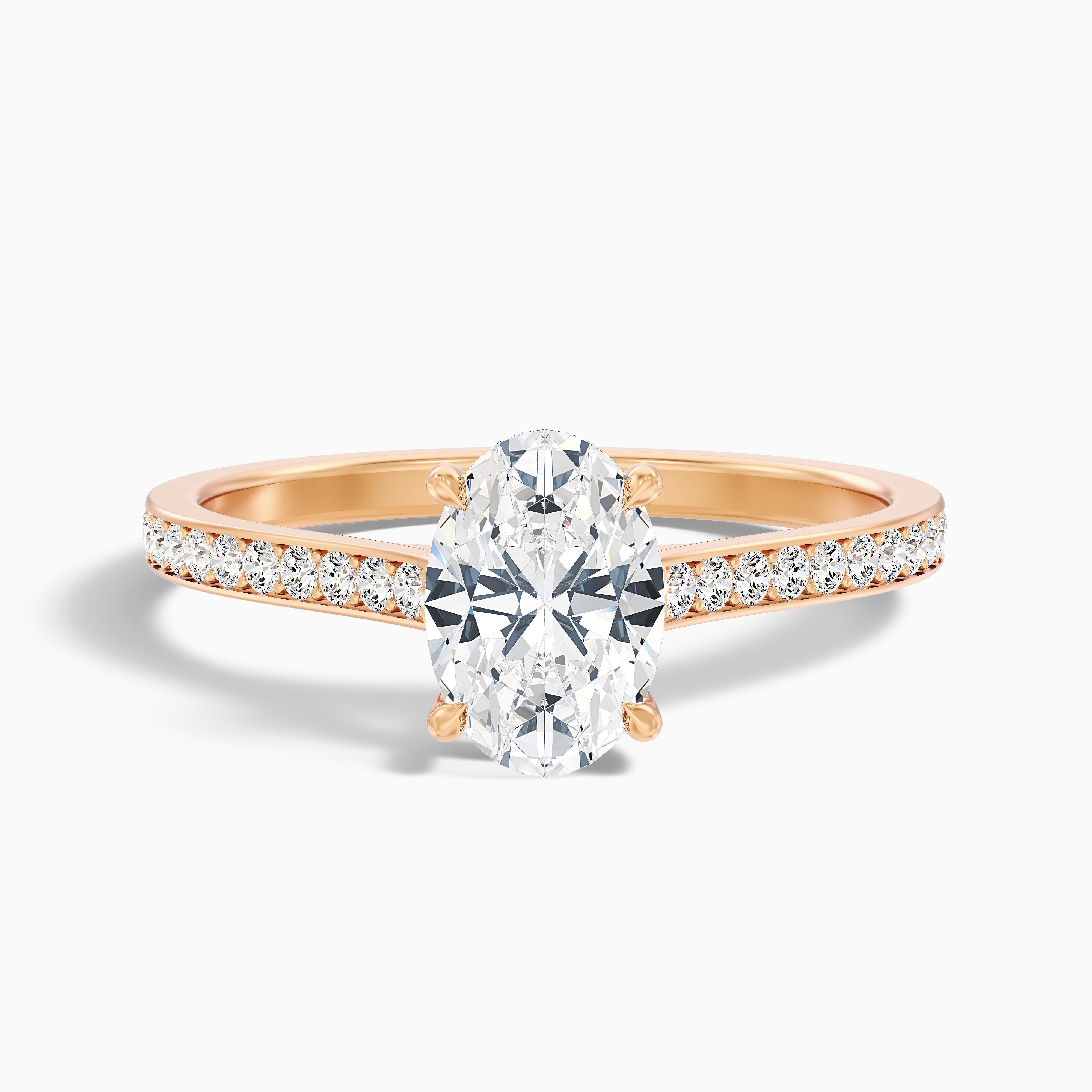 Dallas 5 Carat Oval Cut Side Stone Pave Moissanite Diamond Ring in 14k Rose Gold