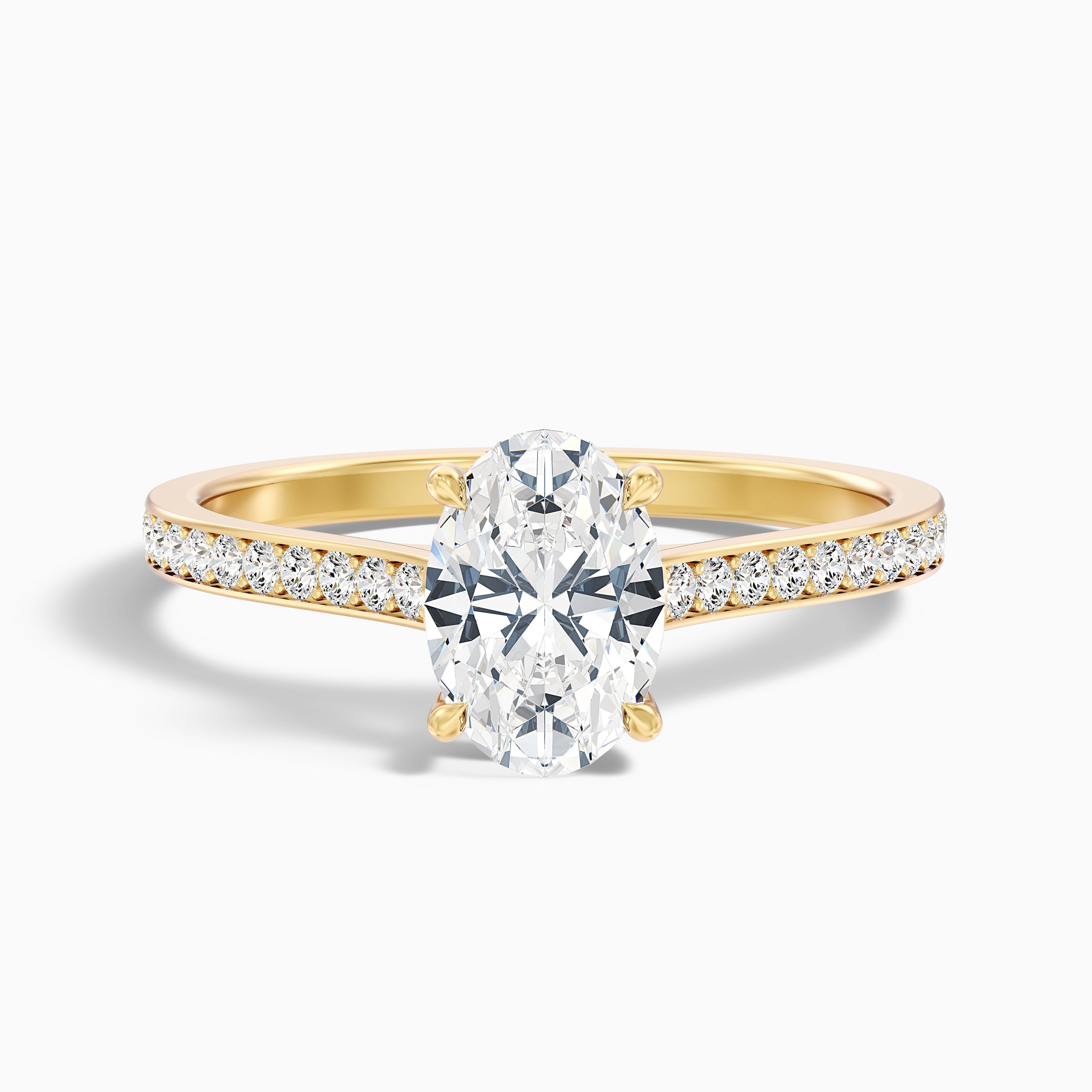 Dallas 1.5 Carat Oval Cut Side Stone Pave Moissanite Diamond Ring in 18k Yellow Gold