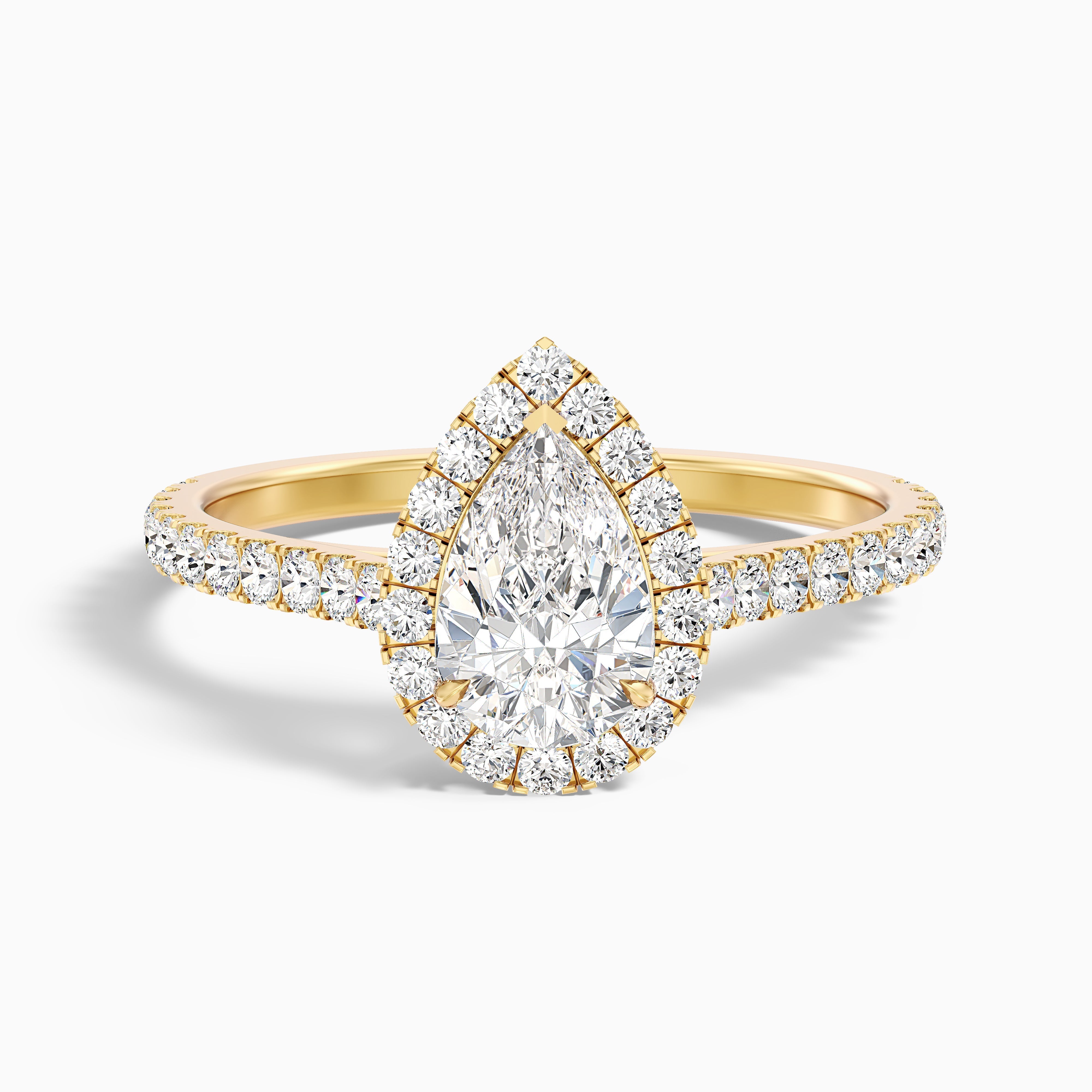 Cindy 4.5 Carat Pear Shaped Halo Moissanite Diamond Ring in 18k Yellow Gold