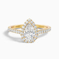 Cindy 1 Carat Pear Shaped Halo Moissanite Diamond Ring in 18k Yellow Gold