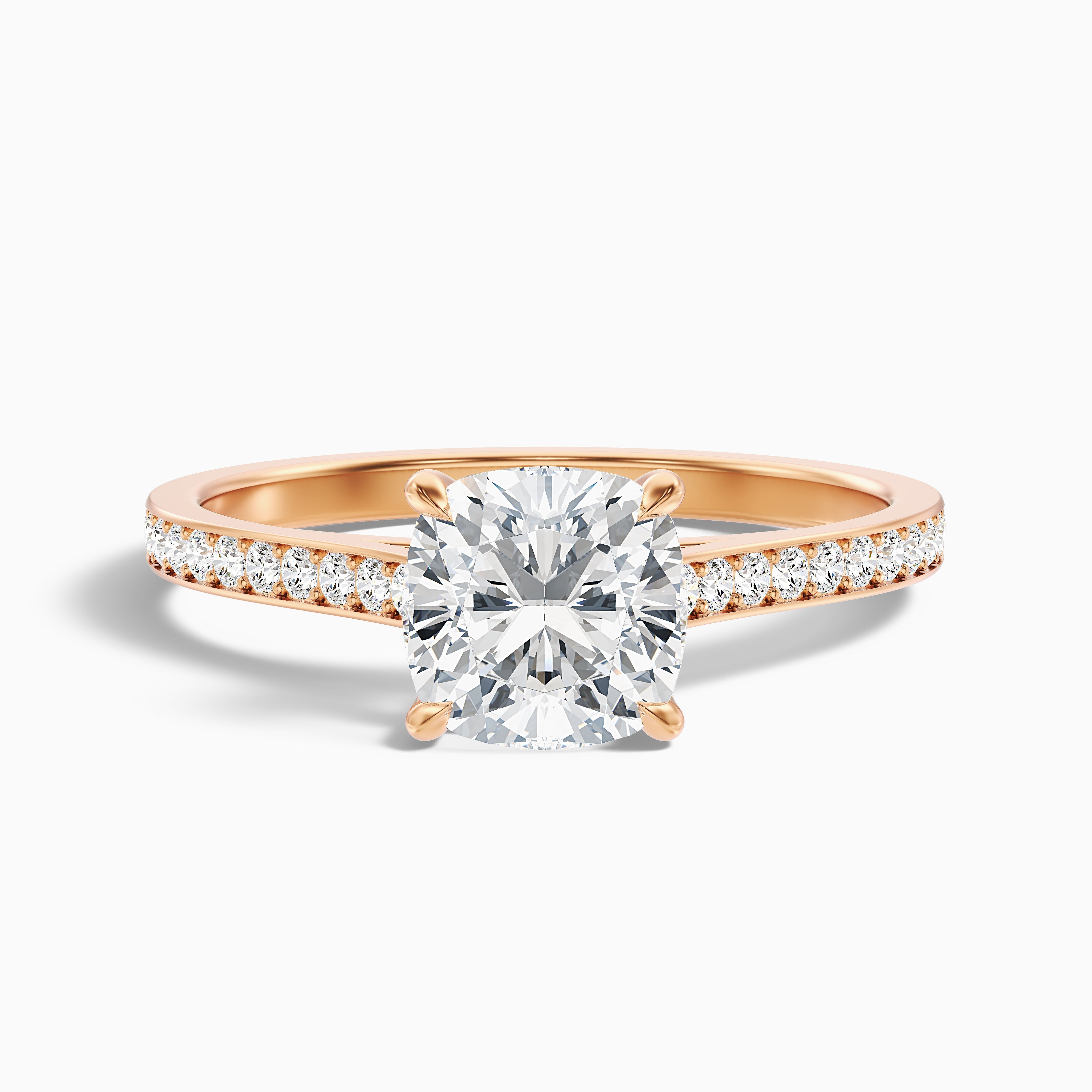 Eva 5.5 Carat Cushion Cut Side Stone Pave Moissanite Diamond Ring in 14k Rose Gold