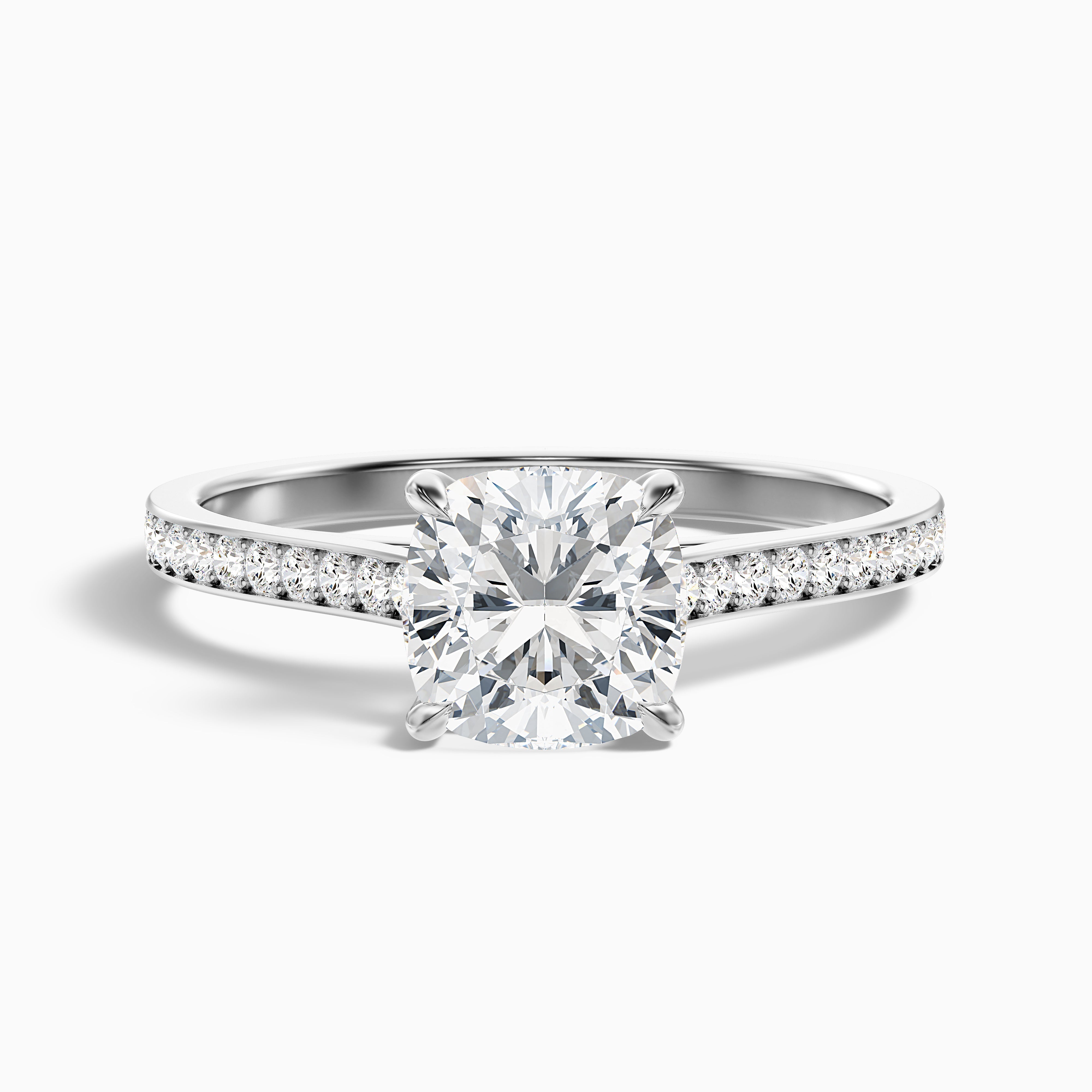 Eva 4.5 Carat Cushion Cut Side Stone Pave Moissanite Diamond Ring in 14k Yellow Gold
