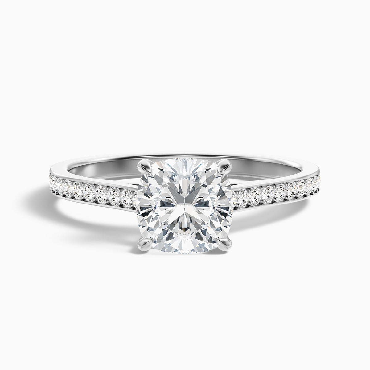 Eva 1.5 Carat Cushion Cut Side Stone Pave Moissanite Diamond Ring in 14k Yellow Gold