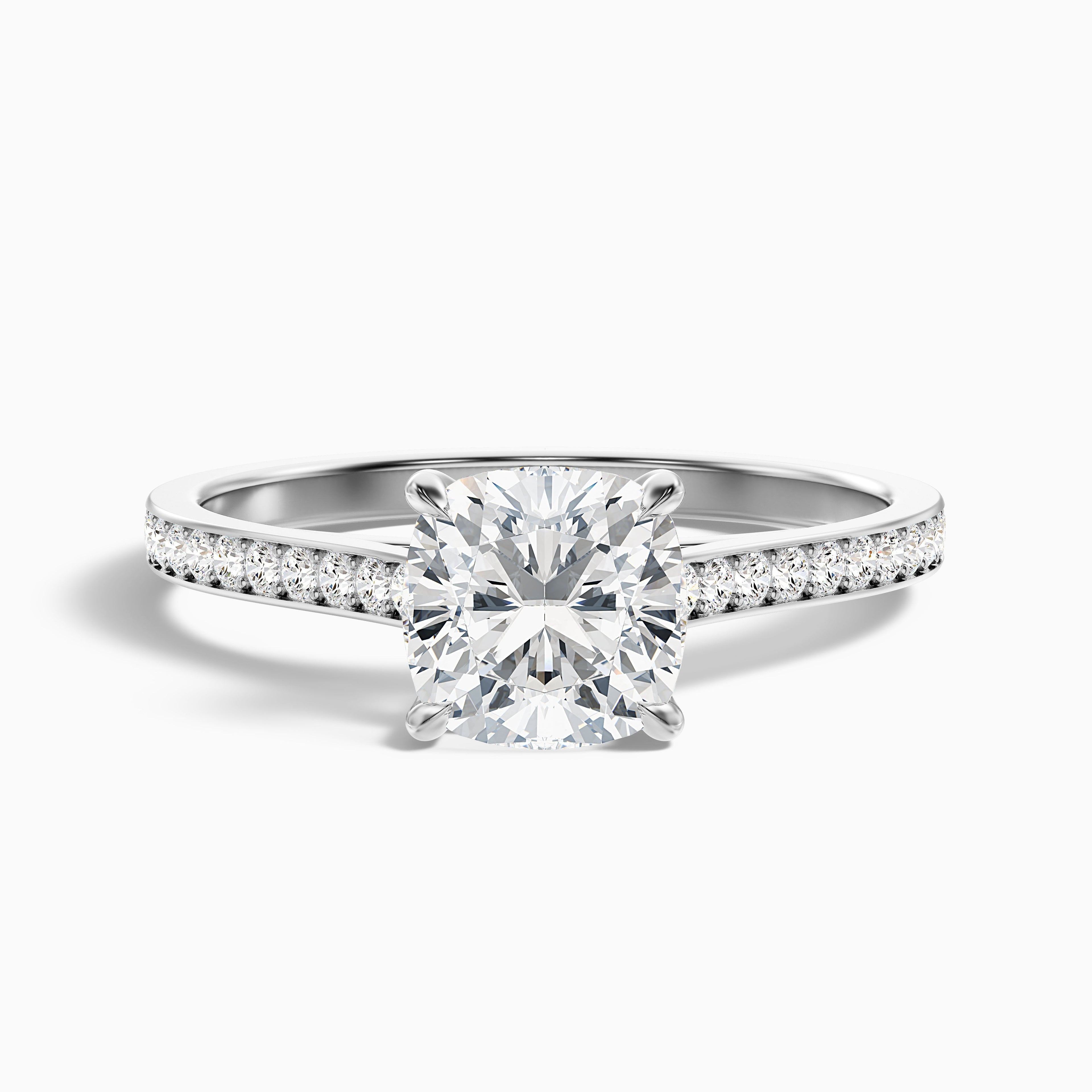 Eva 5 Carat Cushion Cut Side Stone Pave Moissanite Diamond Ring in 18k Rose Gold