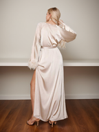 Luxury Feather-Trimmed Satin Robe - Elegant Full-Length Lounge & Bridal Wear SelenaHuanStudio