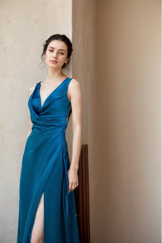 Ethereal Sapphire Blue Satin Backless Evening Gown with Thigh-High Slit SelenaHuanStudio