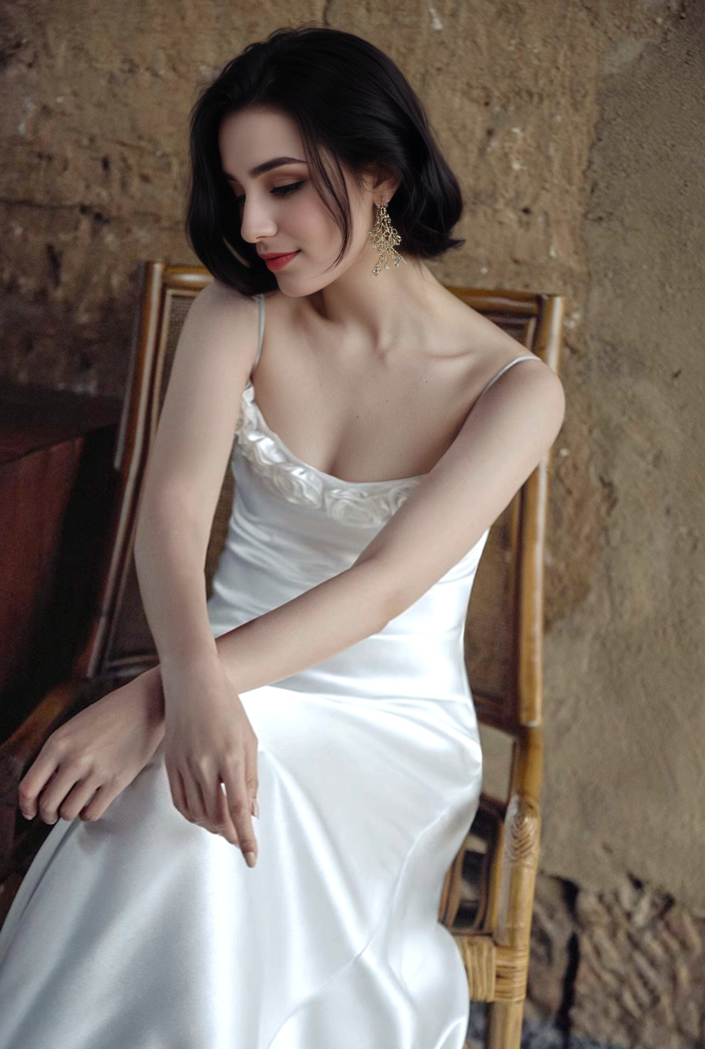Vintage Rose-Trimmed Satin Slip Wedding Dress with Spaghetti Straps