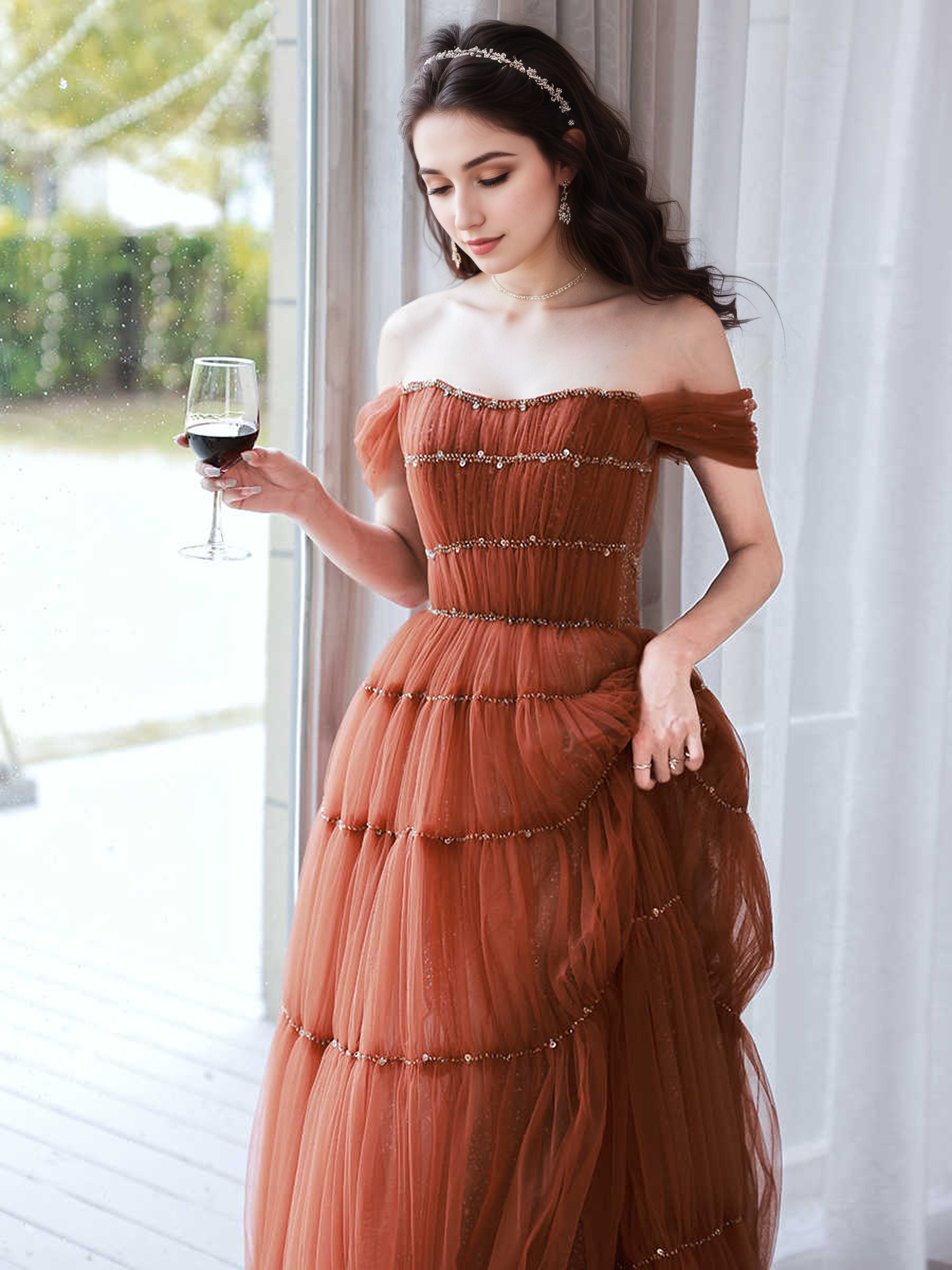 Tiered Tulle Off-Shoulder Gown with Crystal Beading SelenaHuanStudio