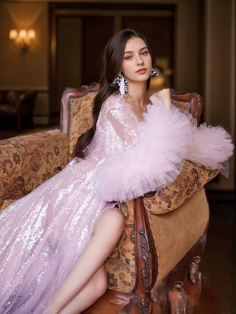 Ruffled tulle fringe hem sequin mesh long robe with sequin nightgown pink ivory SelenaHuanStudio