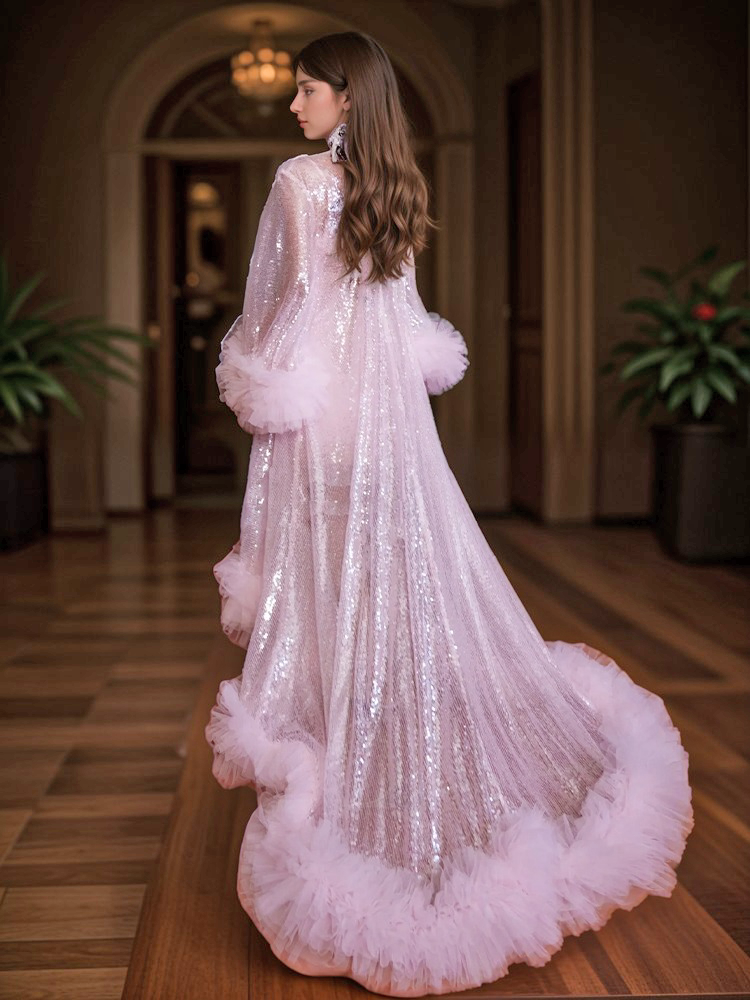 Ruffled tulle fringe hem sequin mesh long robe with sequin nightgown pink ivory SelenaHuanStudio