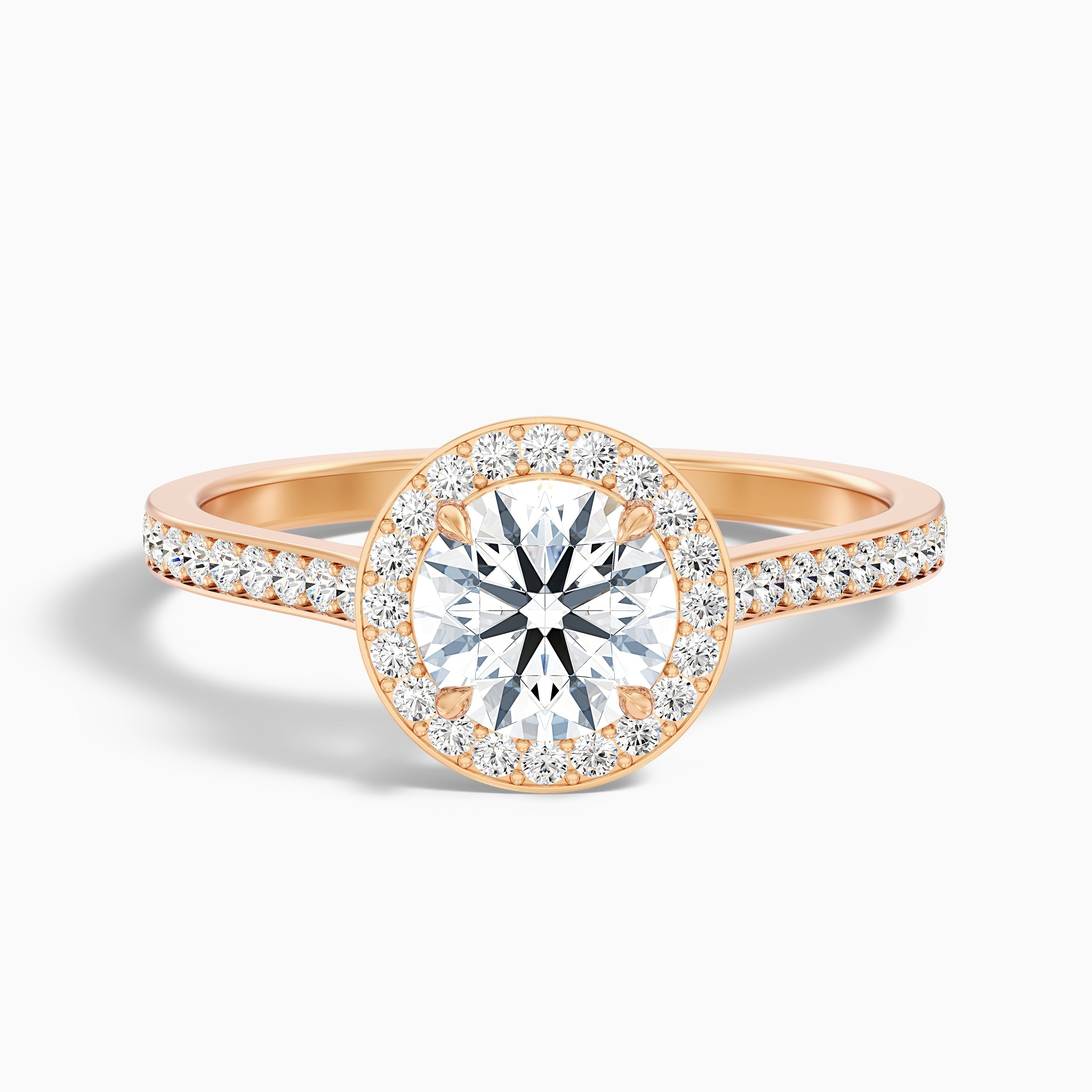 Jessy 2 Carat Round Halo Pave Moissanite Engagement Ring in 18k Rose Gold