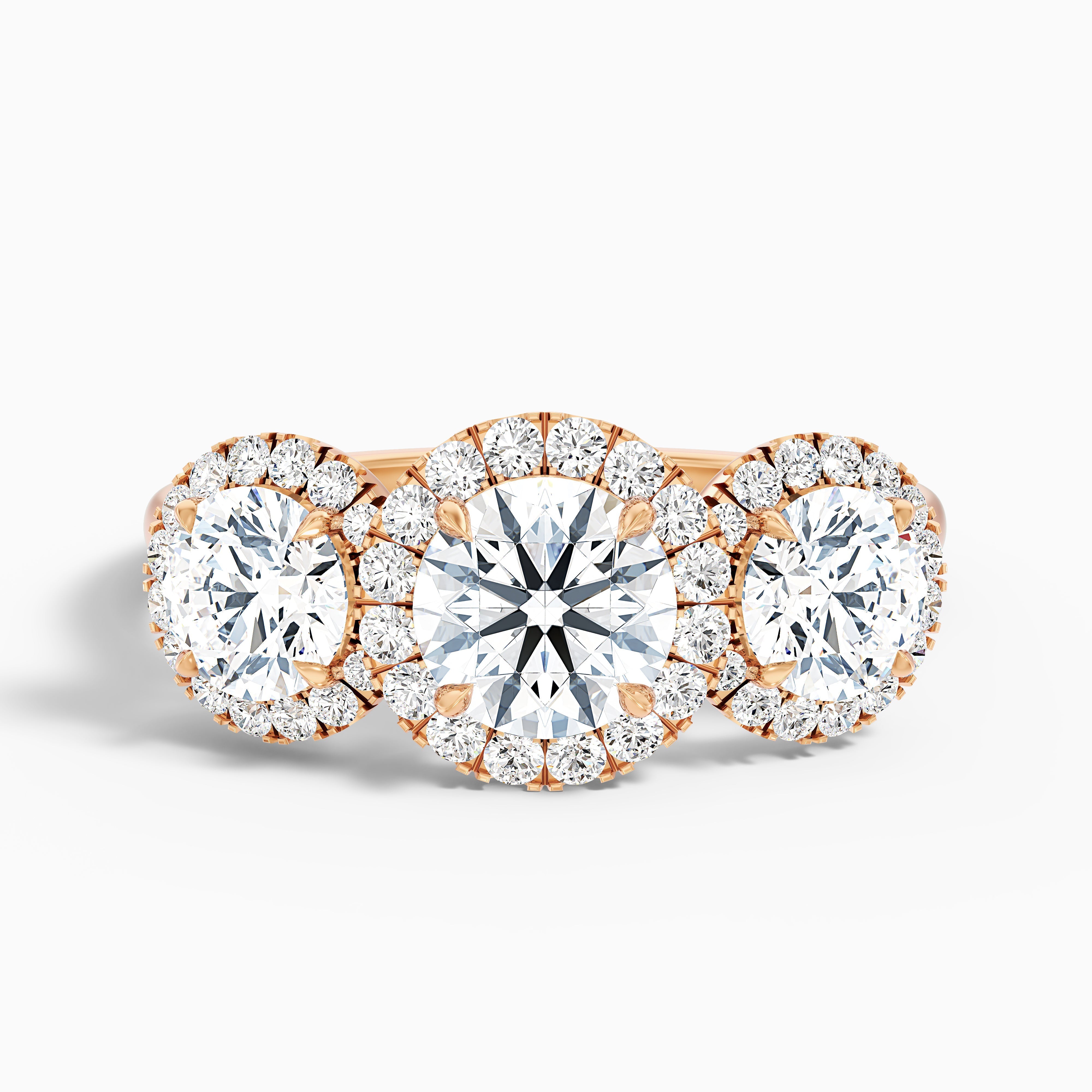 Emma 4.5 Carat Three Stone Round Halo Moissanite Engagement Ring in 18k Rose Gold
