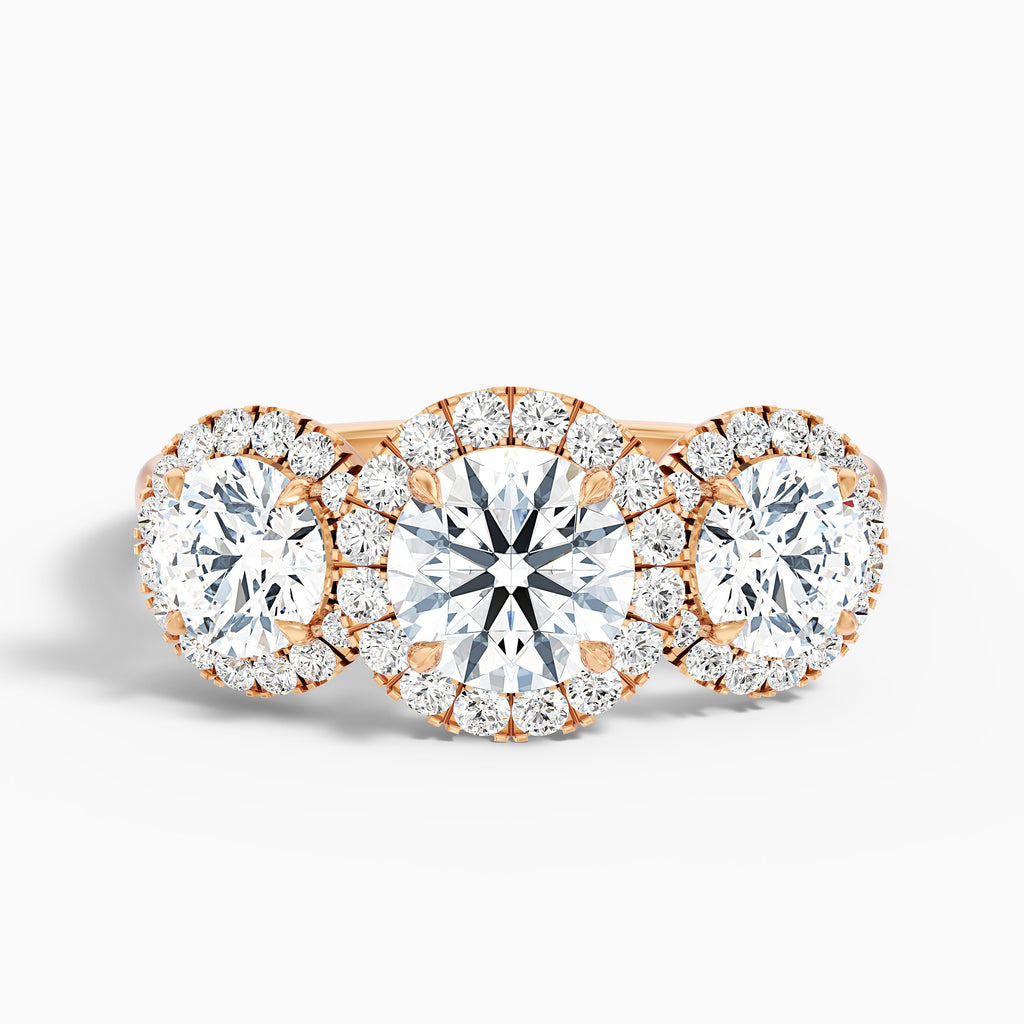 Emma 2.5 Carat Three Stone Round Halo Moissanite Engagement Ring in 18k Rose Gold