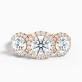 Emma 2 Carat Three Stone Round Halo Moissanite Engagement Ring in 14k Rose Gold