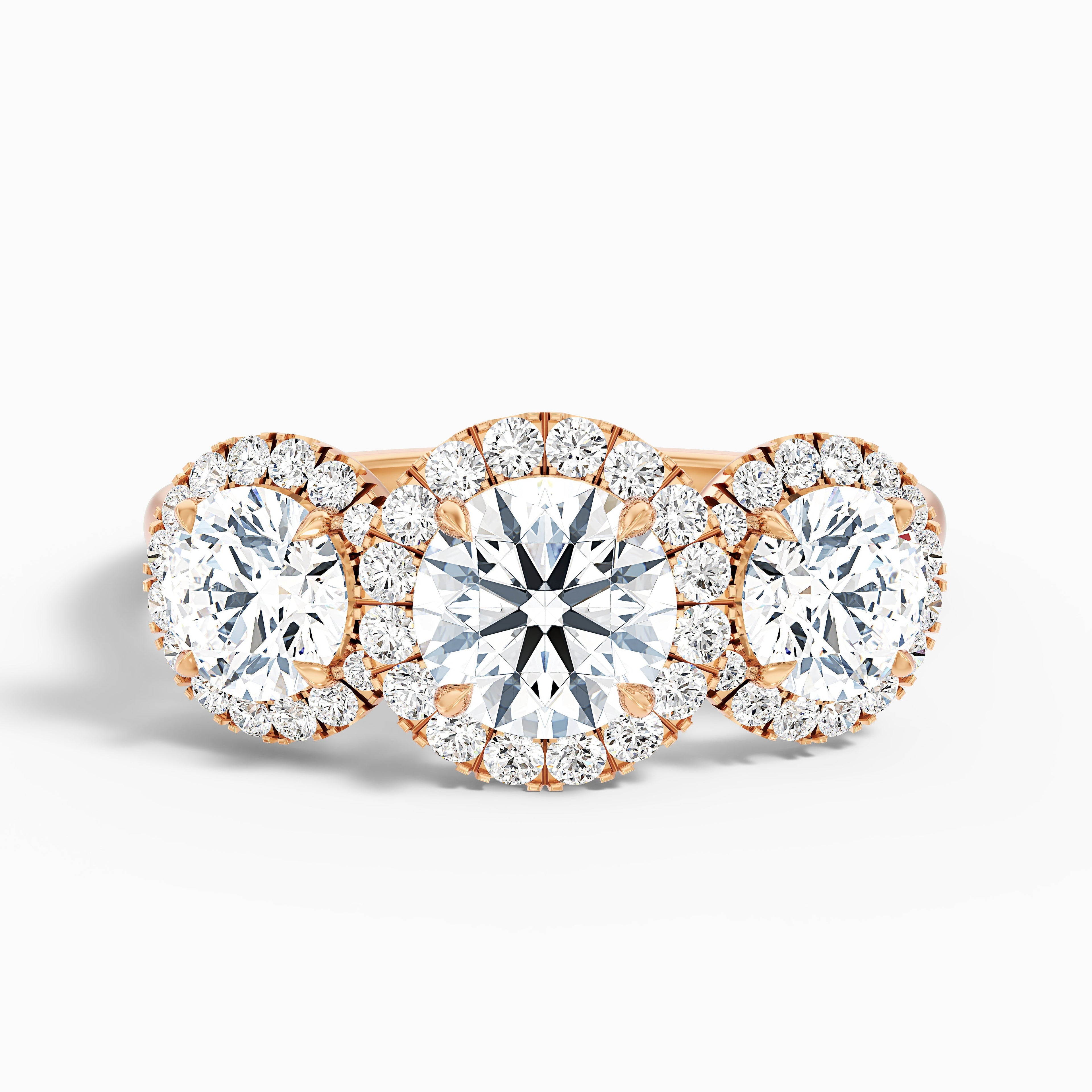 Emma 5.5 Carat Three Stone Round Halo Moissanite Engagement Ring in 14k Yellow Gold