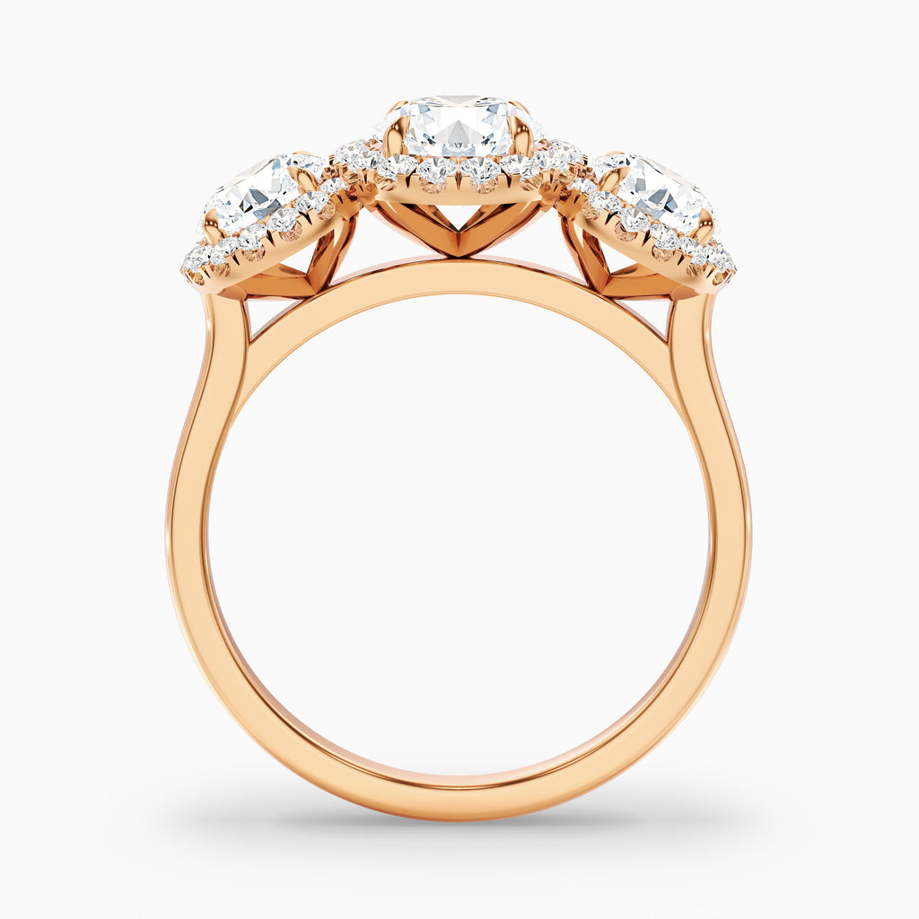 Emma 3 Carat Three Stone Round Halo Moissanite Engagement Ring in 10k Rose Gold