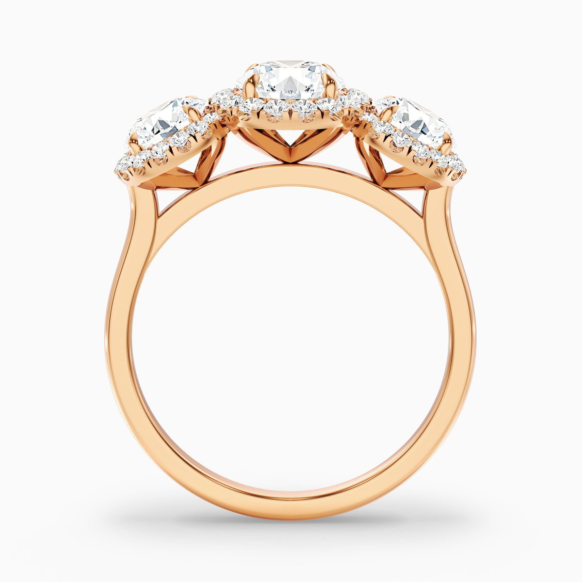 Emma 3.5 Carat Three Stone Round Halo Moissanite Engagement Ring in 18k White Gold