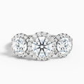 Emma 1 Carat Three Stone Round Halo Moissanite Engagement Ring in 14k White Gold