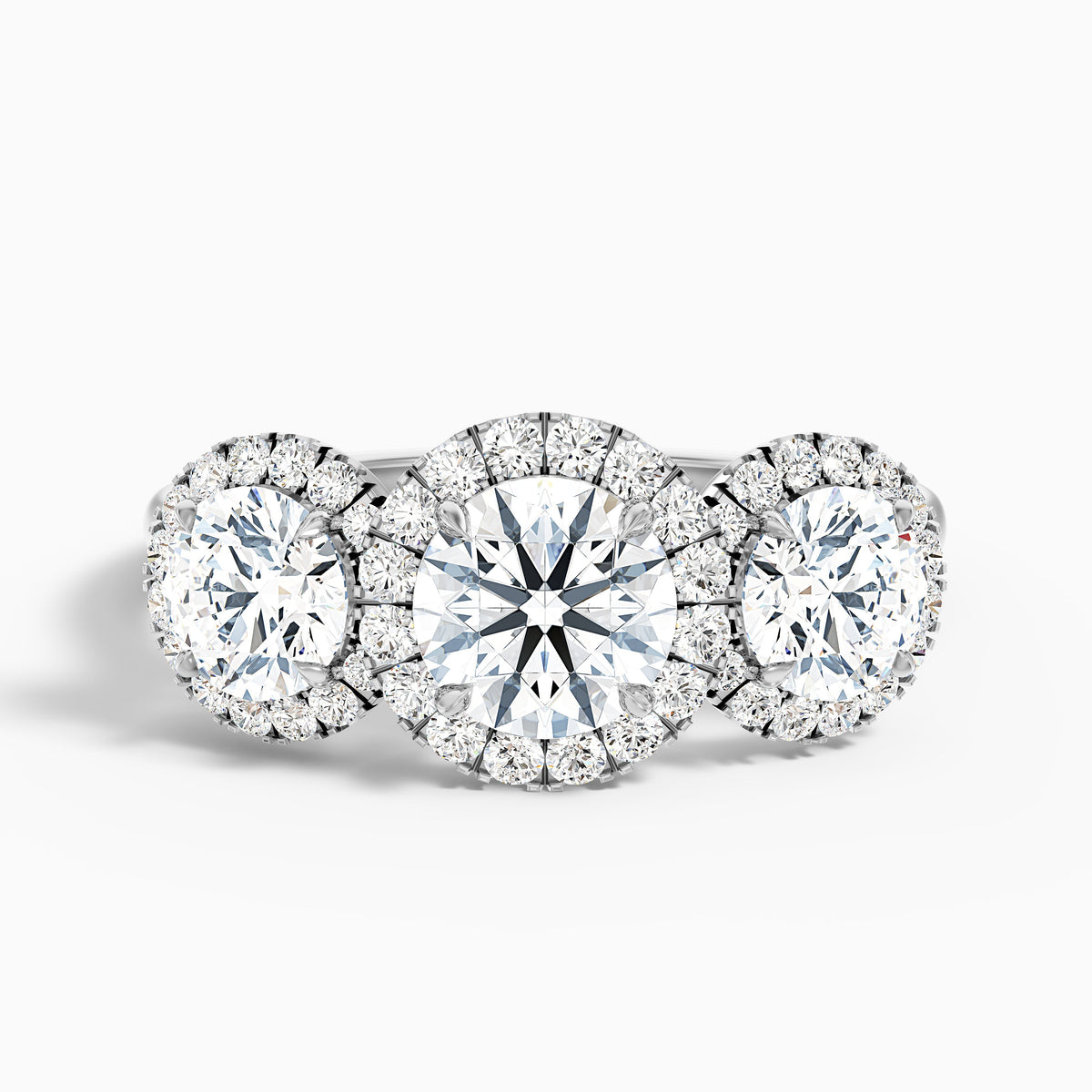 Emma 3 Carat Three Stone Round Halo Moissanite Engagement Ring in 18k Rose Gold