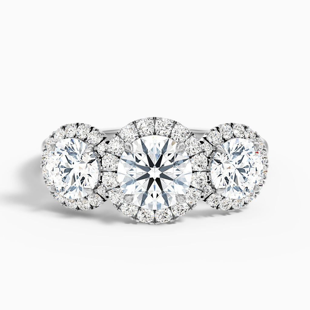 Emma 2 Carat Three Stone Round Halo Moissanite Engagement Ring in 18k Rose Gold