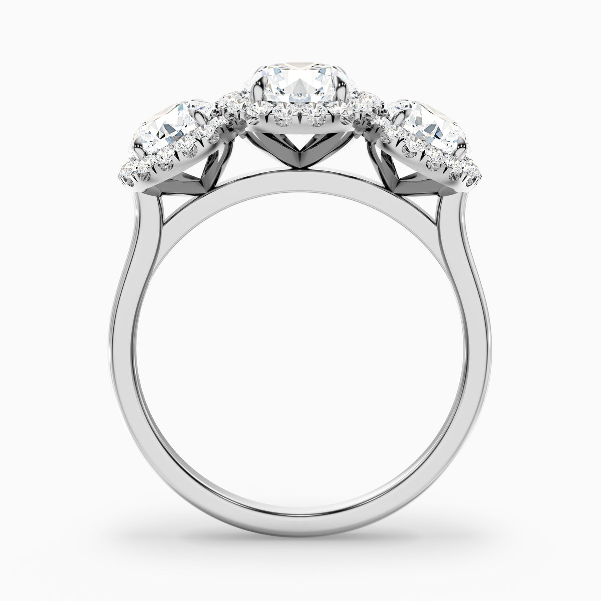 Emma 3 Carat Three Stone Round Halo Moissanite Engagement Ring in 10k Rose Gold