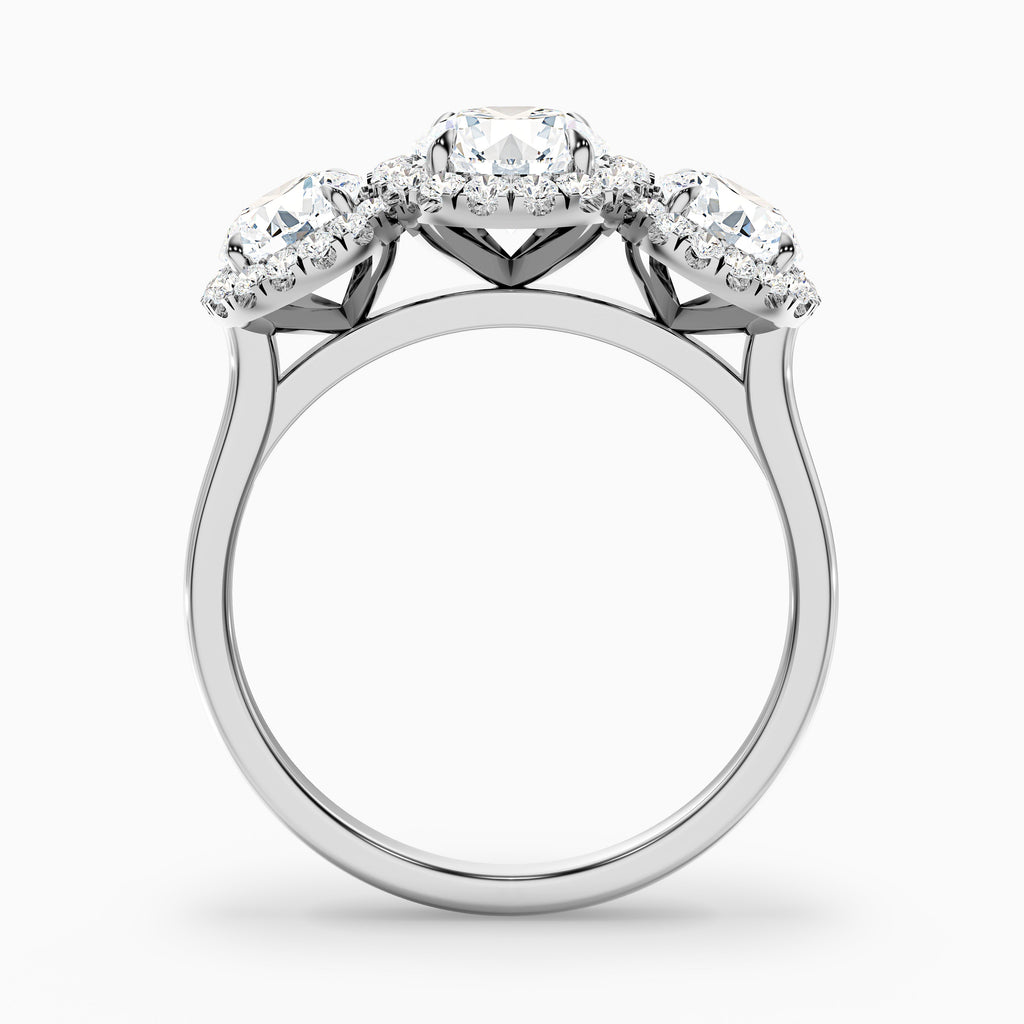 Emma 1 Carat Three Stone Round Halo Moissanite Engagement Ring in 18k Yellow Gold