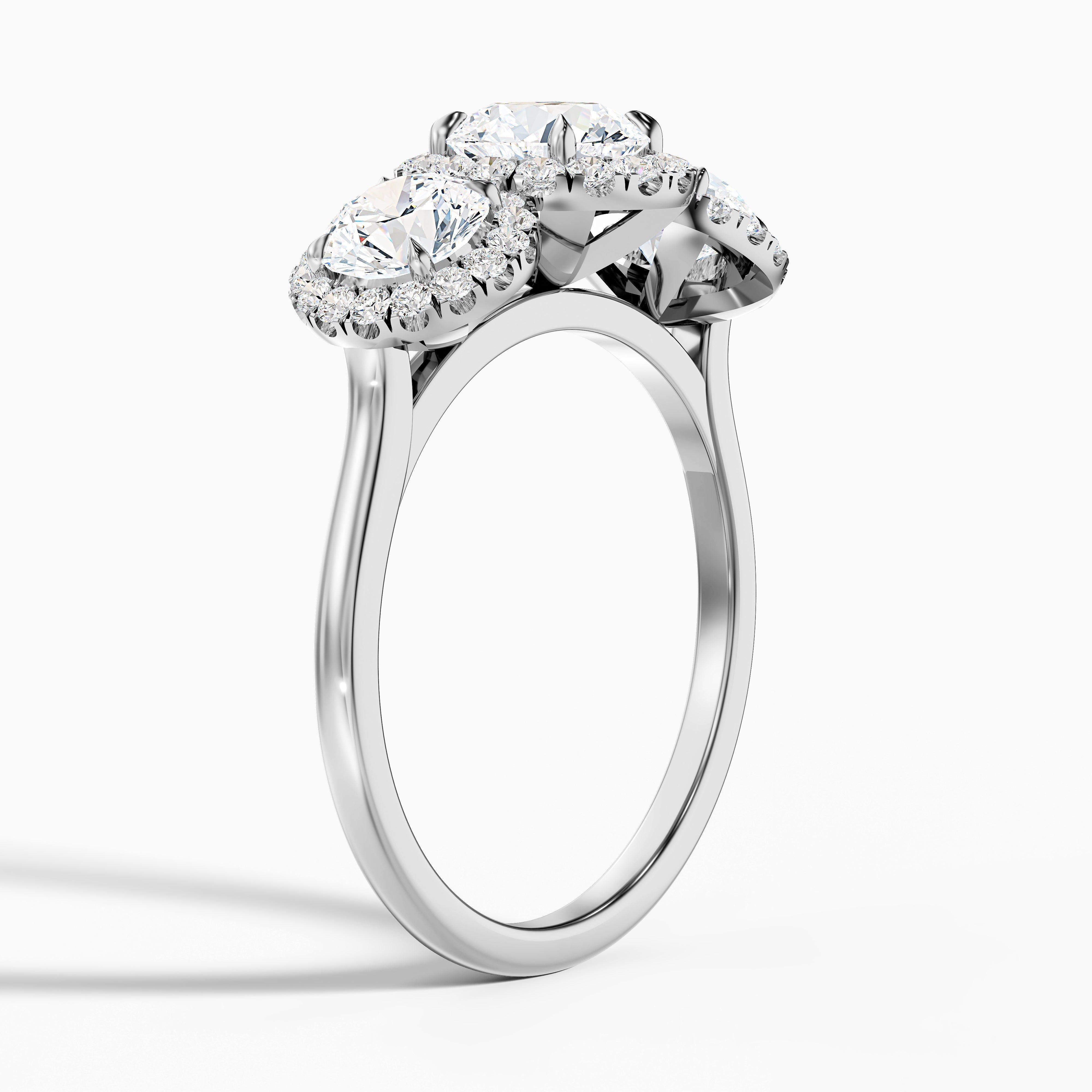 Emma 3.5 Carat Three Stone Round Halo Moissanite Engagement Ring in Platinum