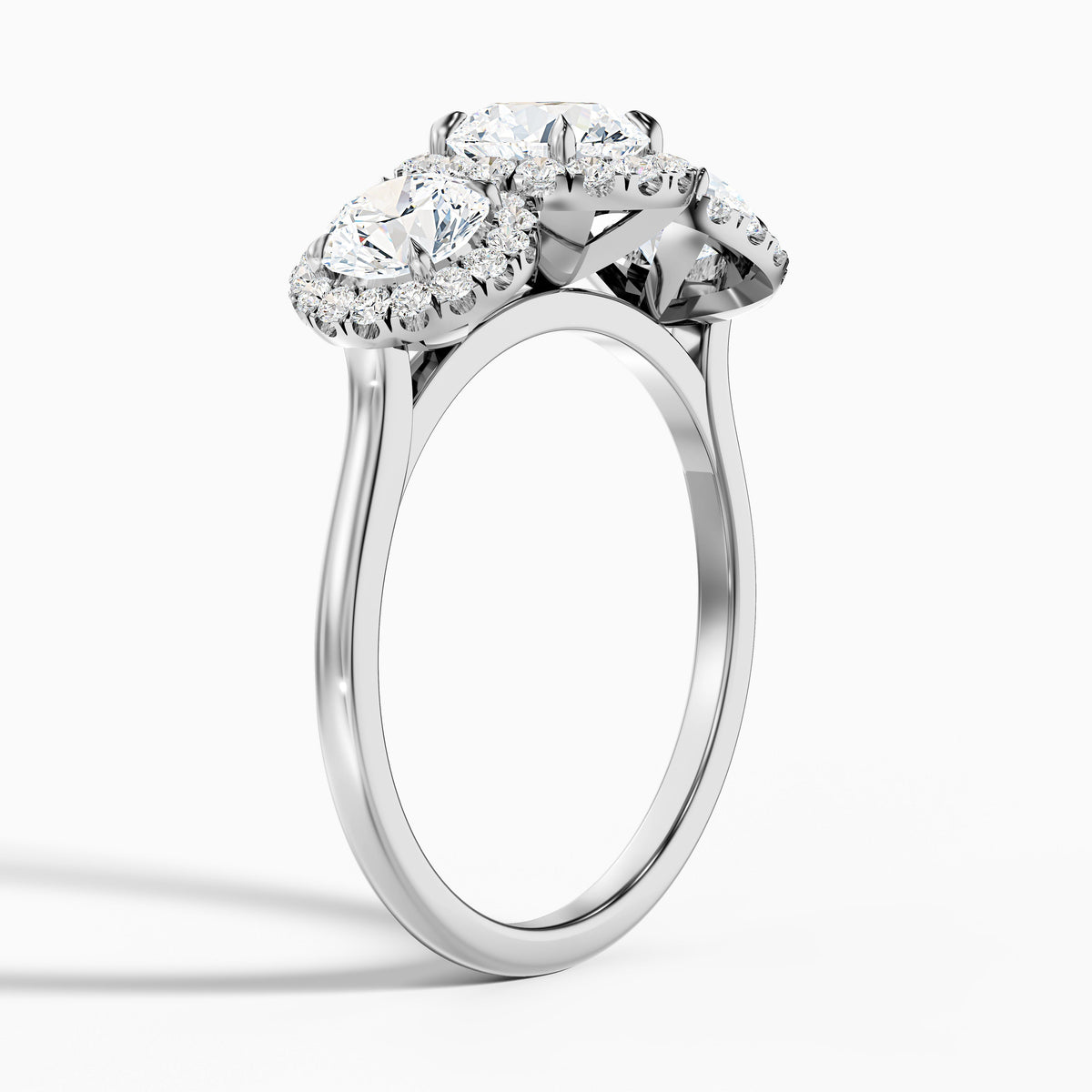 Emma 2.5 Carat Three Stone Round Halo Moissanite Engagement Ring in 10k White Gold
