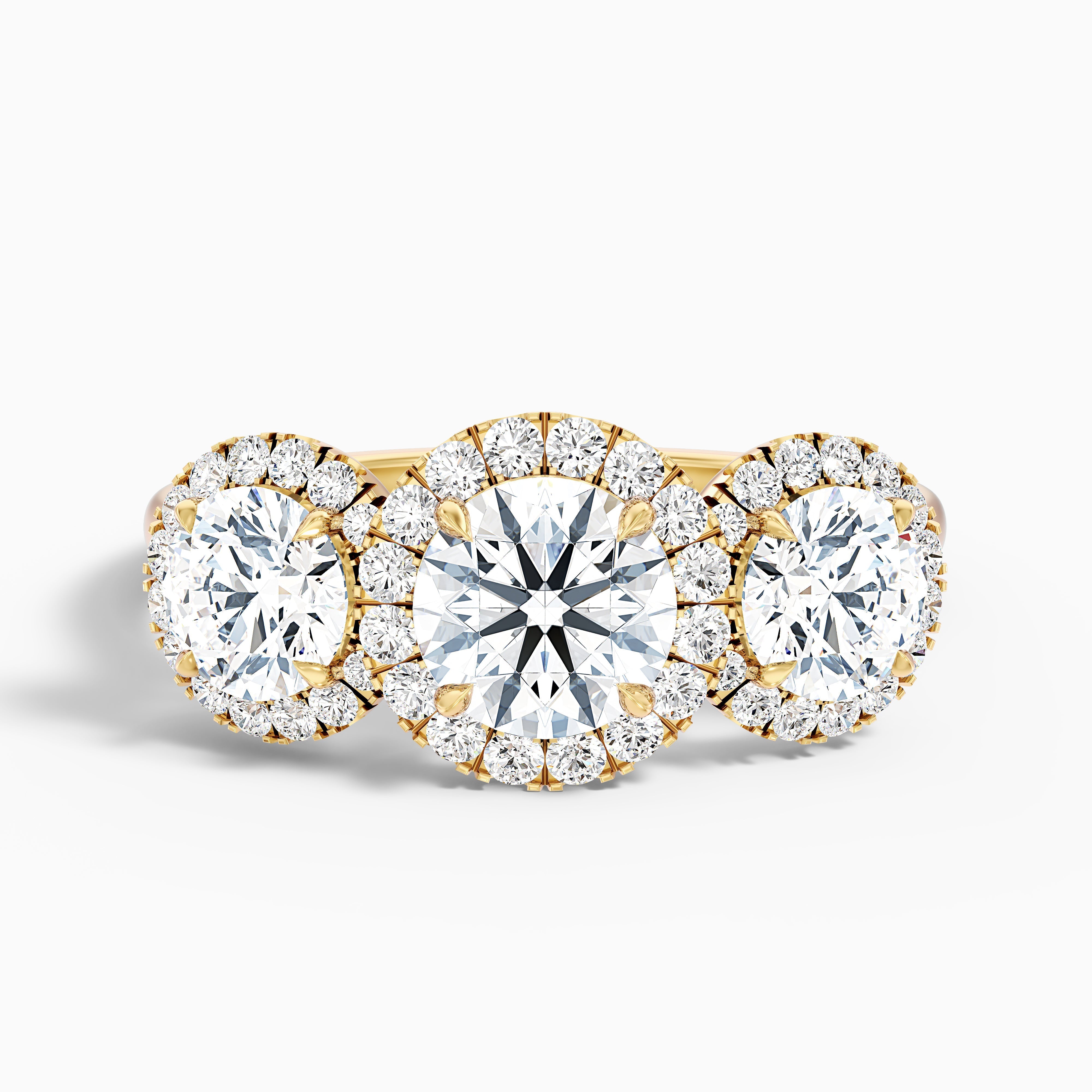 Emma 4.5 Carat Three Stone Round Halo Moissanite Engagement Ring in 18k Yellow Gold