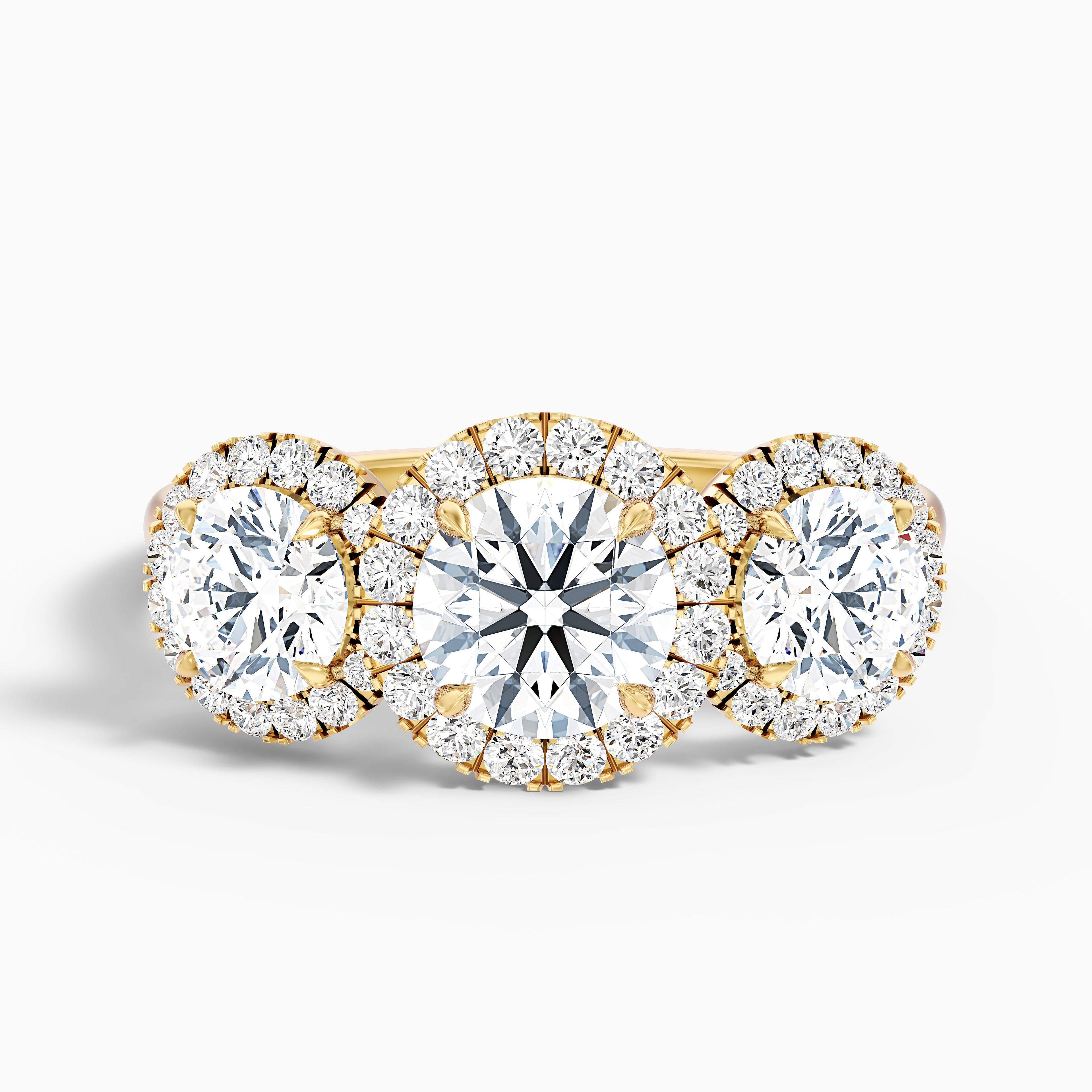 Emma 2.5 Carat Three Stone Round Halo Moissanite Engagement Ring in 10k Yellow Gold