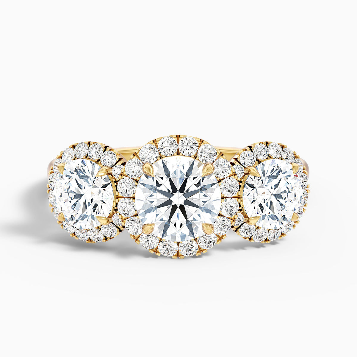 Emma 2 Carat Three Stone Round Halo Moissanite Engagement Ring in 10k Rose Gold
